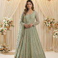 Sage Mist Luxe: Mint Green Georgette Anarkali Gown with Embroidered Dupatta