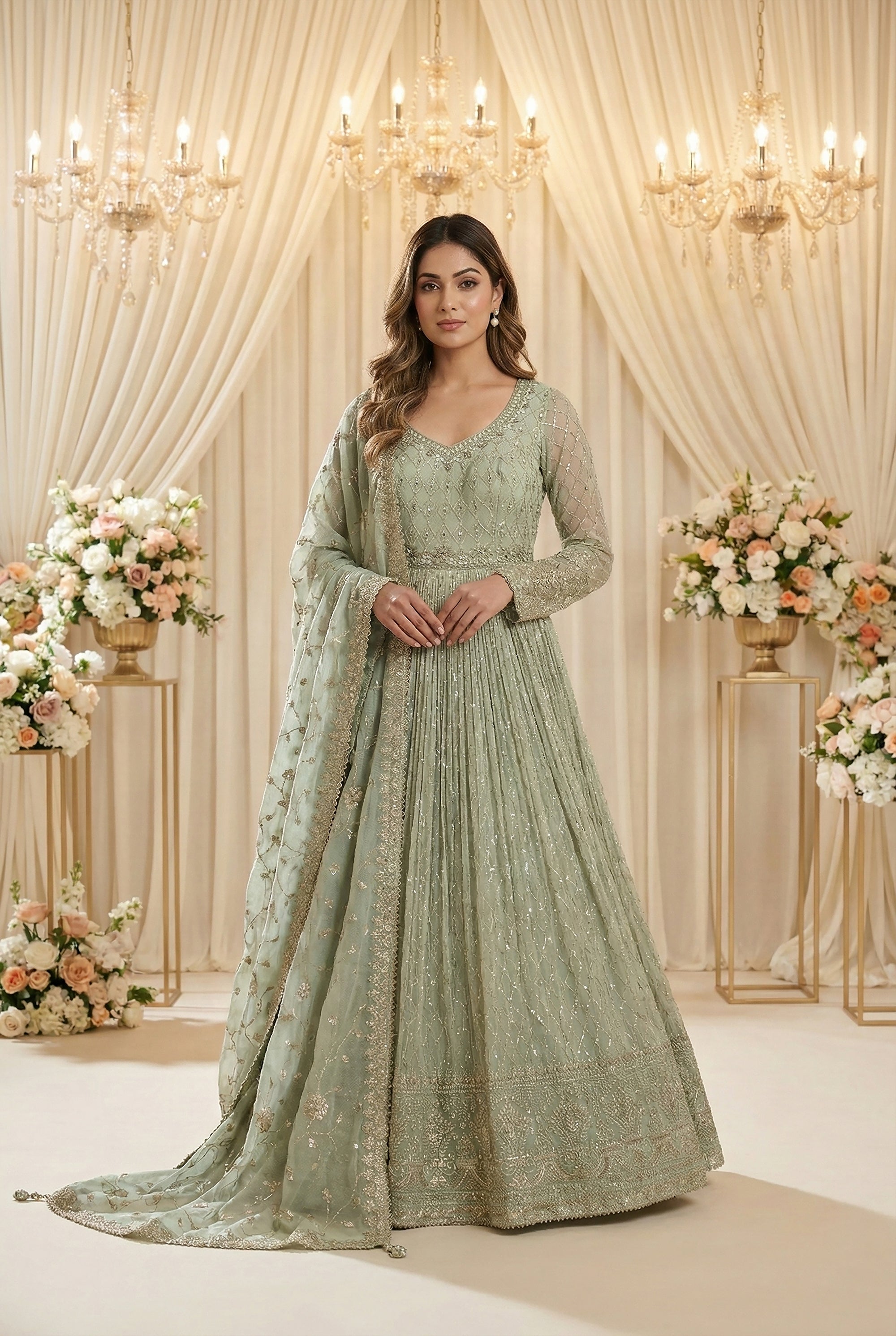 Sage Mist Luxe: Mint Green Georgette Anarkali Gown with Embroidered Dupatta