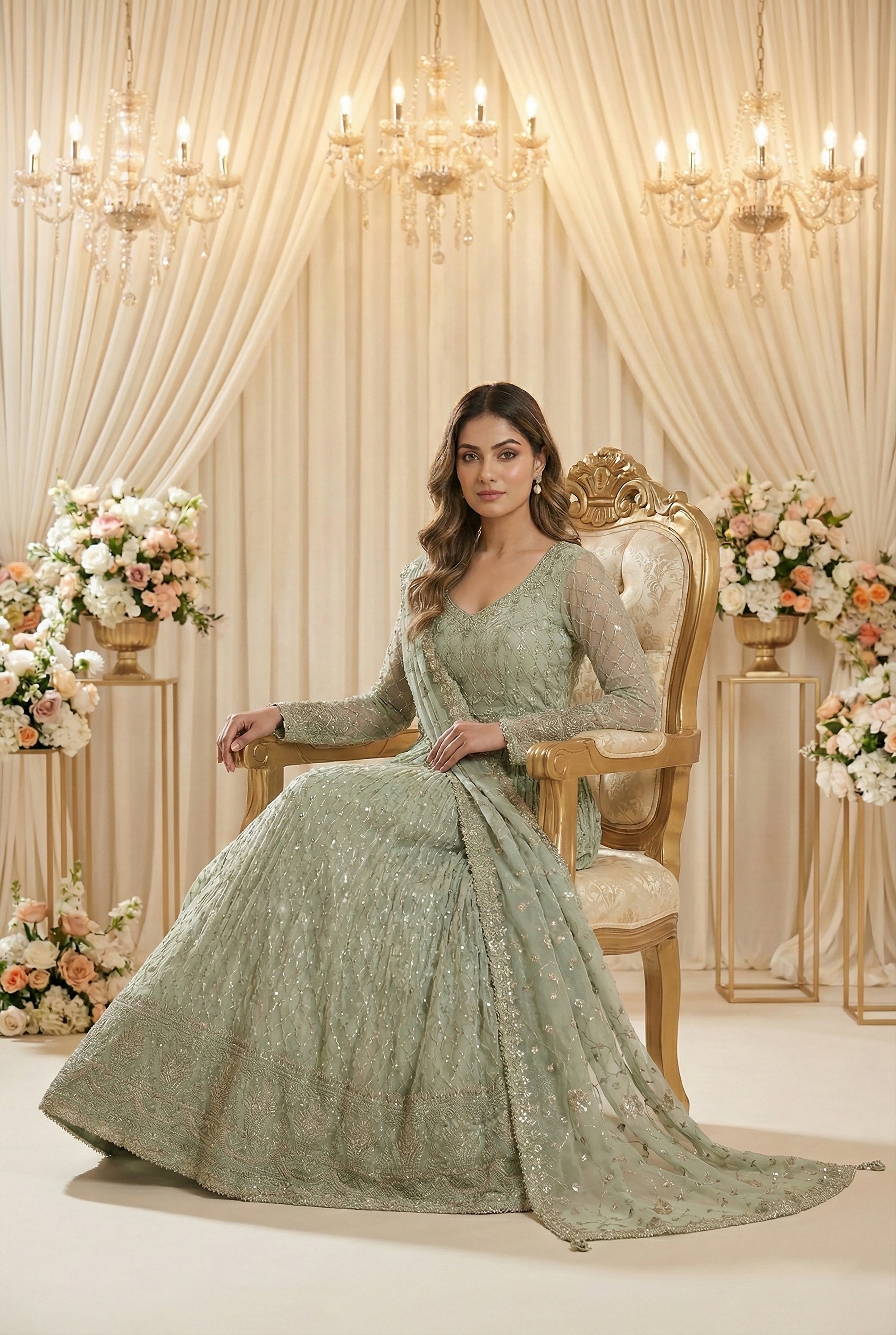 Sage Mist Luxe: Mint Green Georgette Anarkali Gown with Embroidered Dupatta