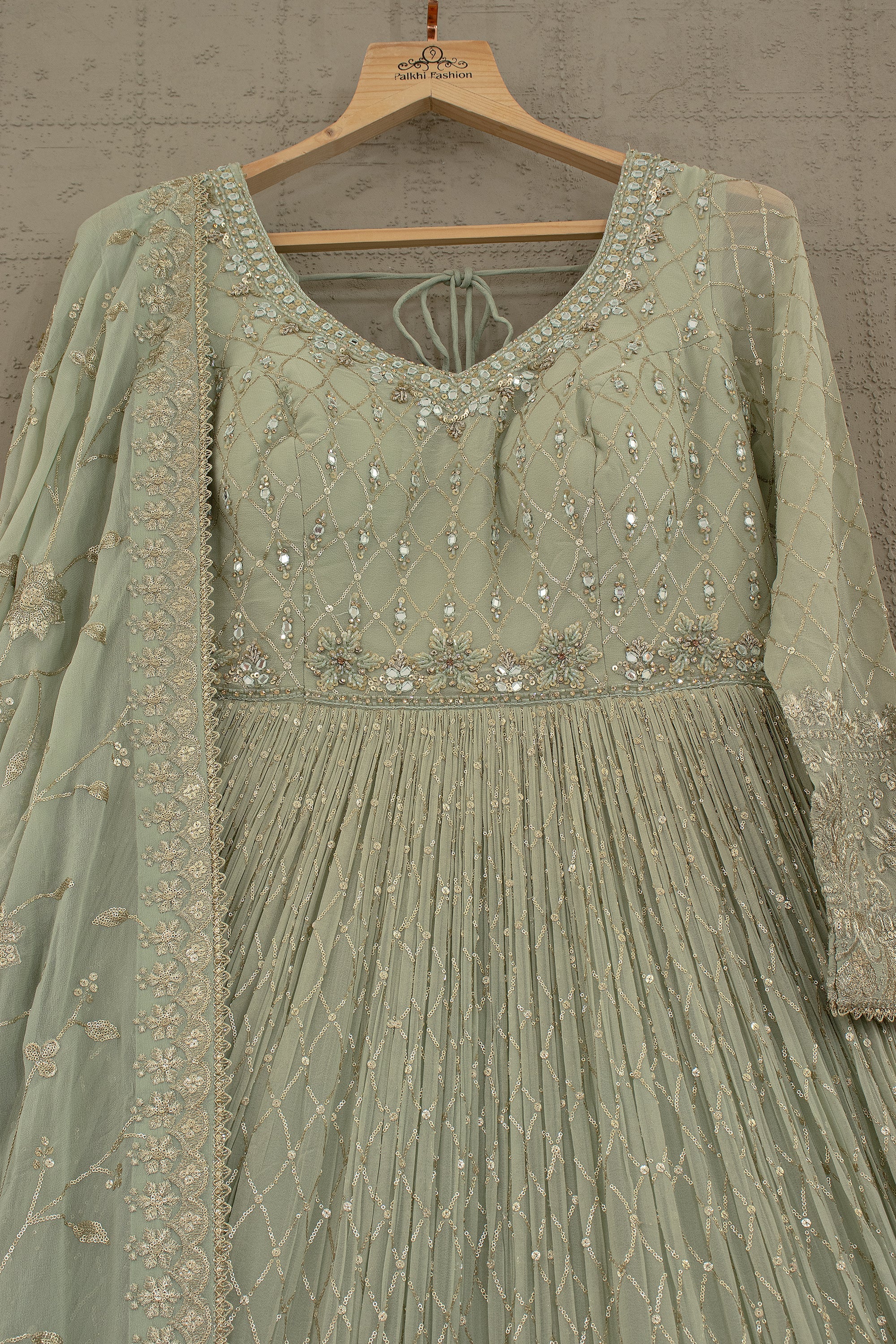 Sage Mist Luxe: Mint Green Georgette Anarkali Gown with Embroidered Dupatta