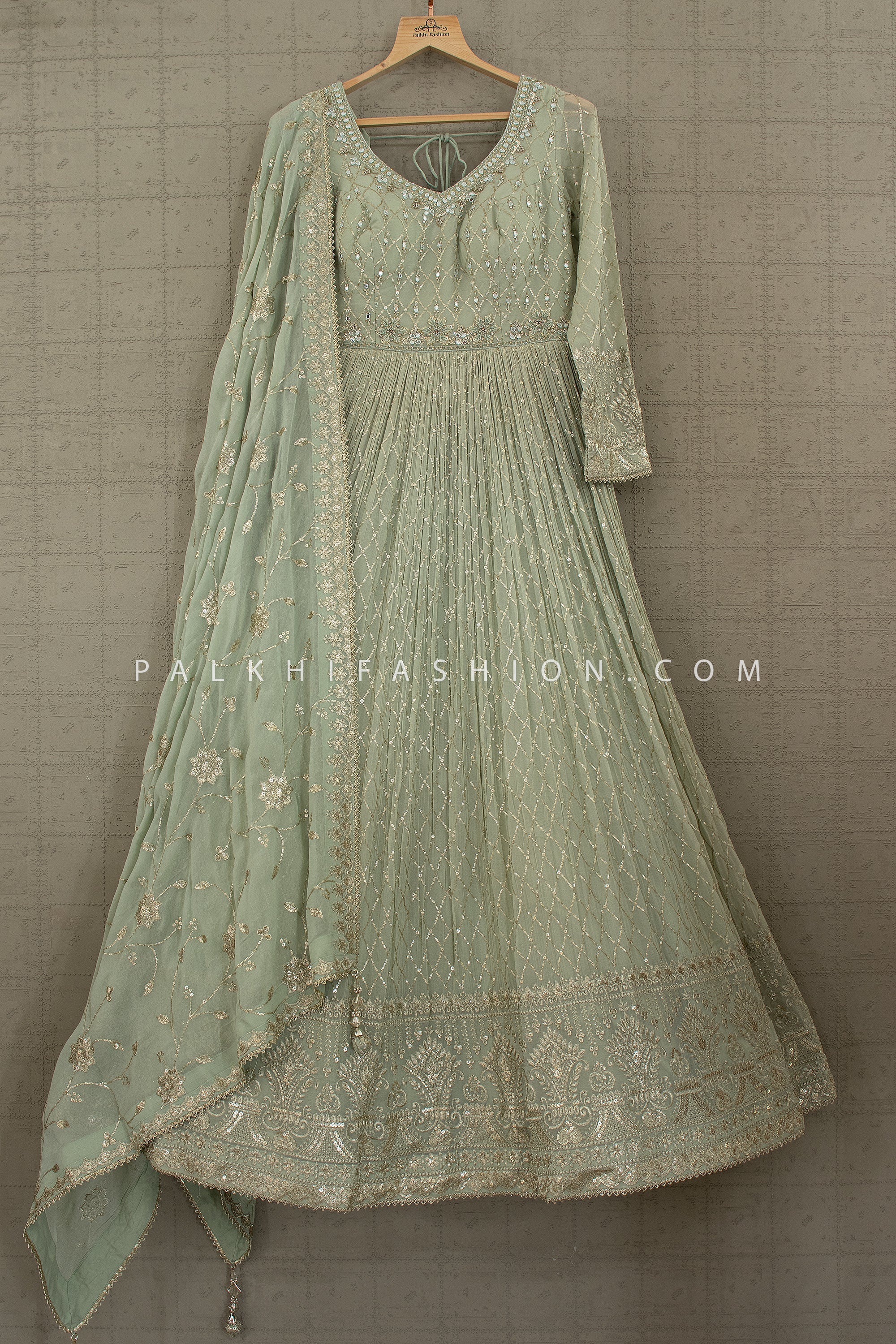 Sage Mist Luxe: Mint Green Georgette Anarkali Gown with Embroidered Dupatta