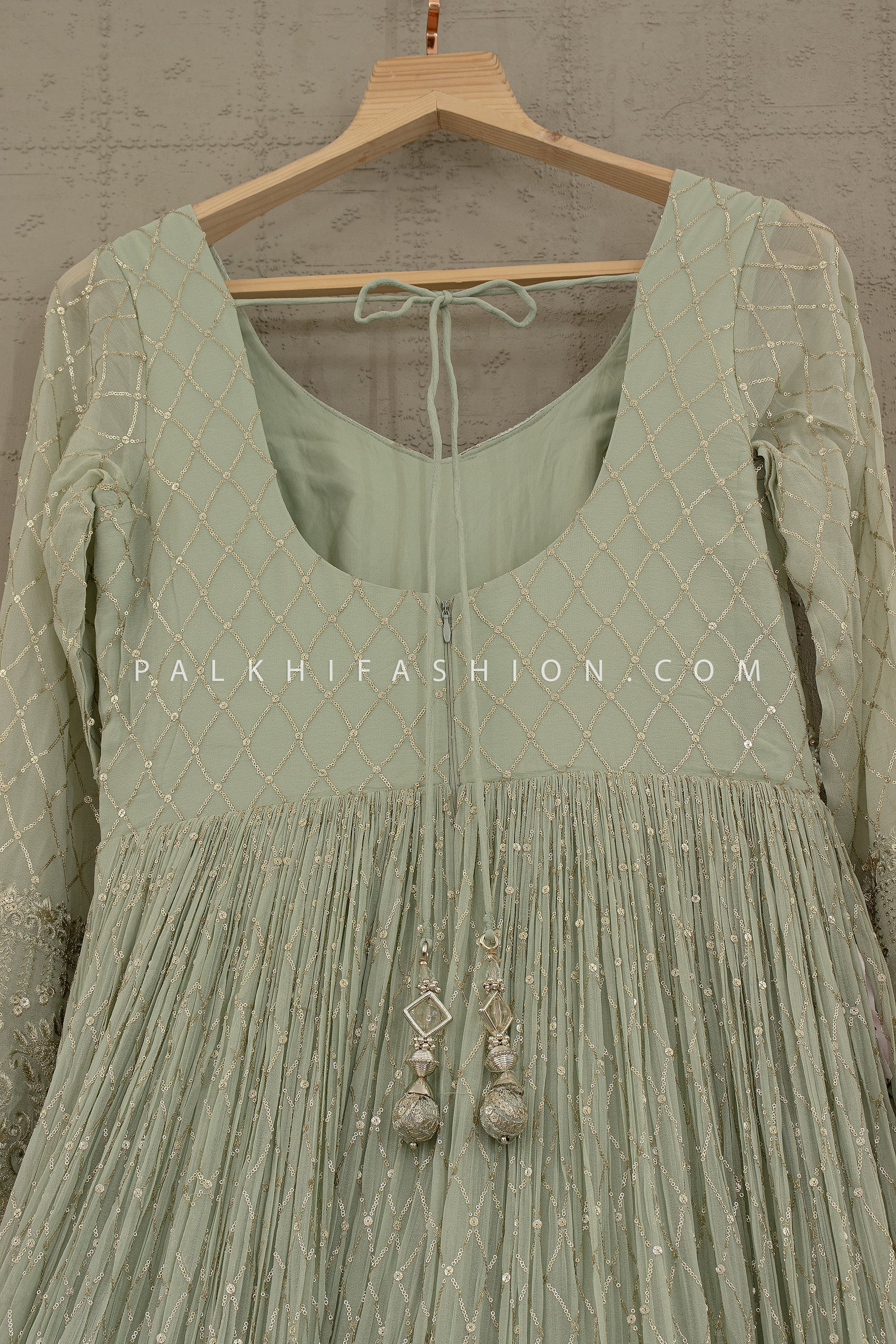 Sage Mist Luxe: Mint Green Georgette Anarkali Gown with Embroidered Dupatta
