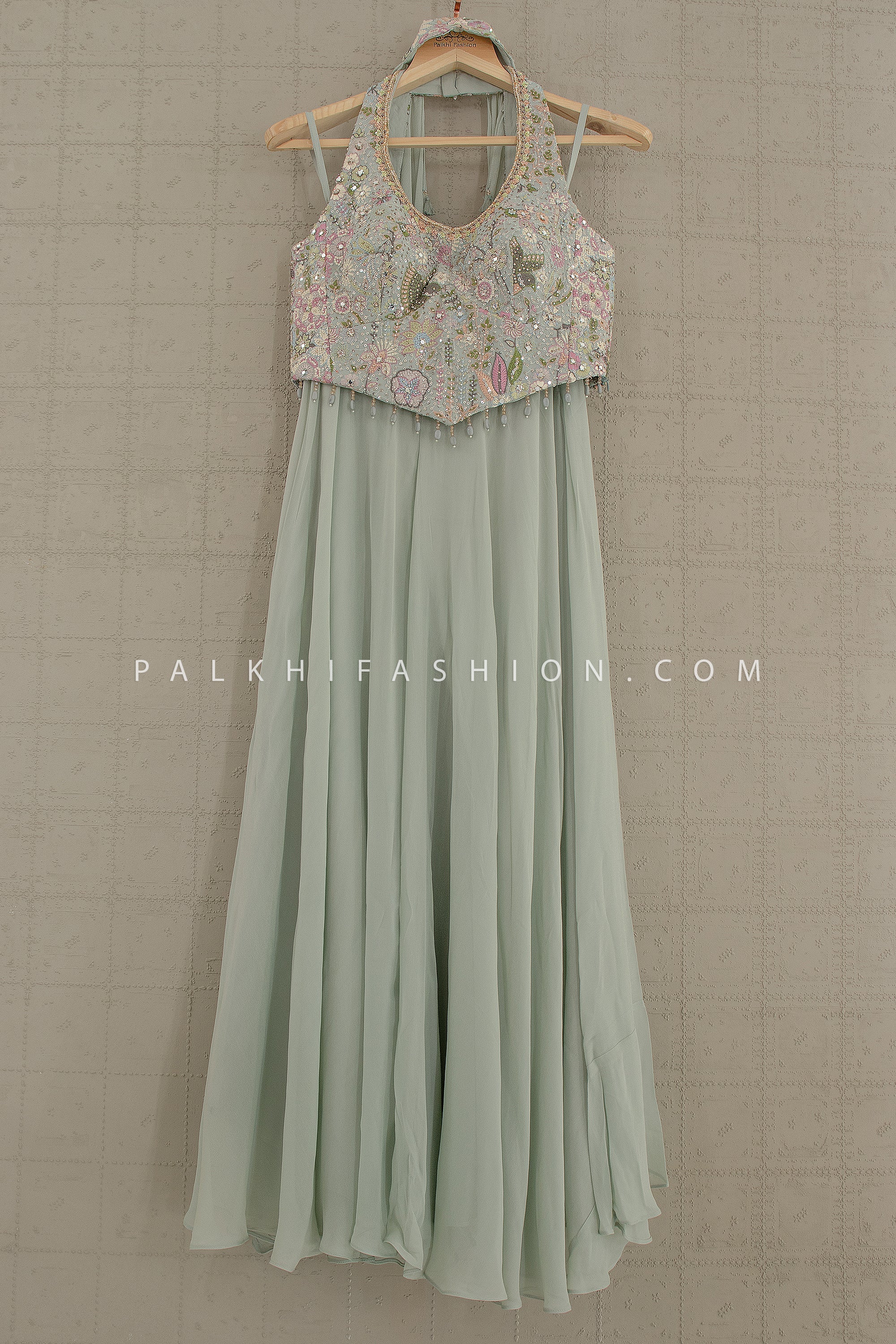 Sage Serenity: Handcrafted Halterneck Palazzo Ensemble by Palkhi Fashion