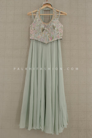 Sage Serenity: Handcrafted Halterneck Palazzo Ensemble by Palkhi Fashion
