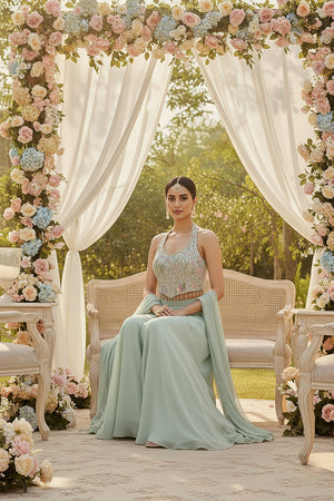 Sage Serenity: Handcrafted Halterneck Palazzo Ensemble by Palkhi Fashion