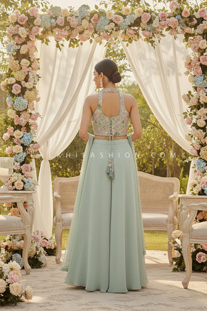 Sage Serenity: Handcrafted Halterneck Palazzo Ensemble by Palkhi Fashion