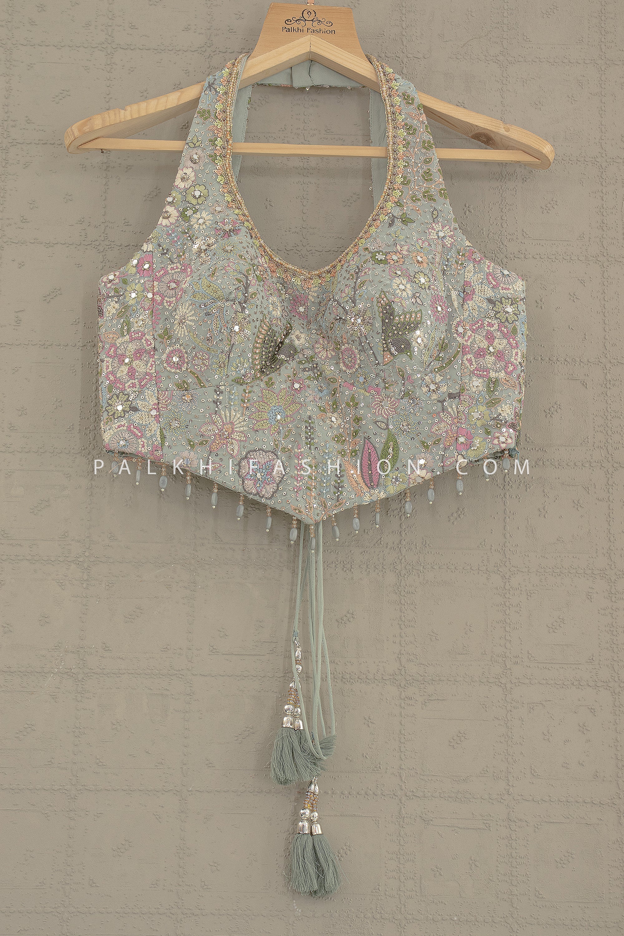 Sage Serenity: Handcrafted Halterneck Palazzo Ensemble by Palkhi Fashion