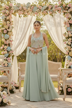 Sage Serenity: Handcrafted Halterneck Palazzo Ensemble by Palkhi Fashion