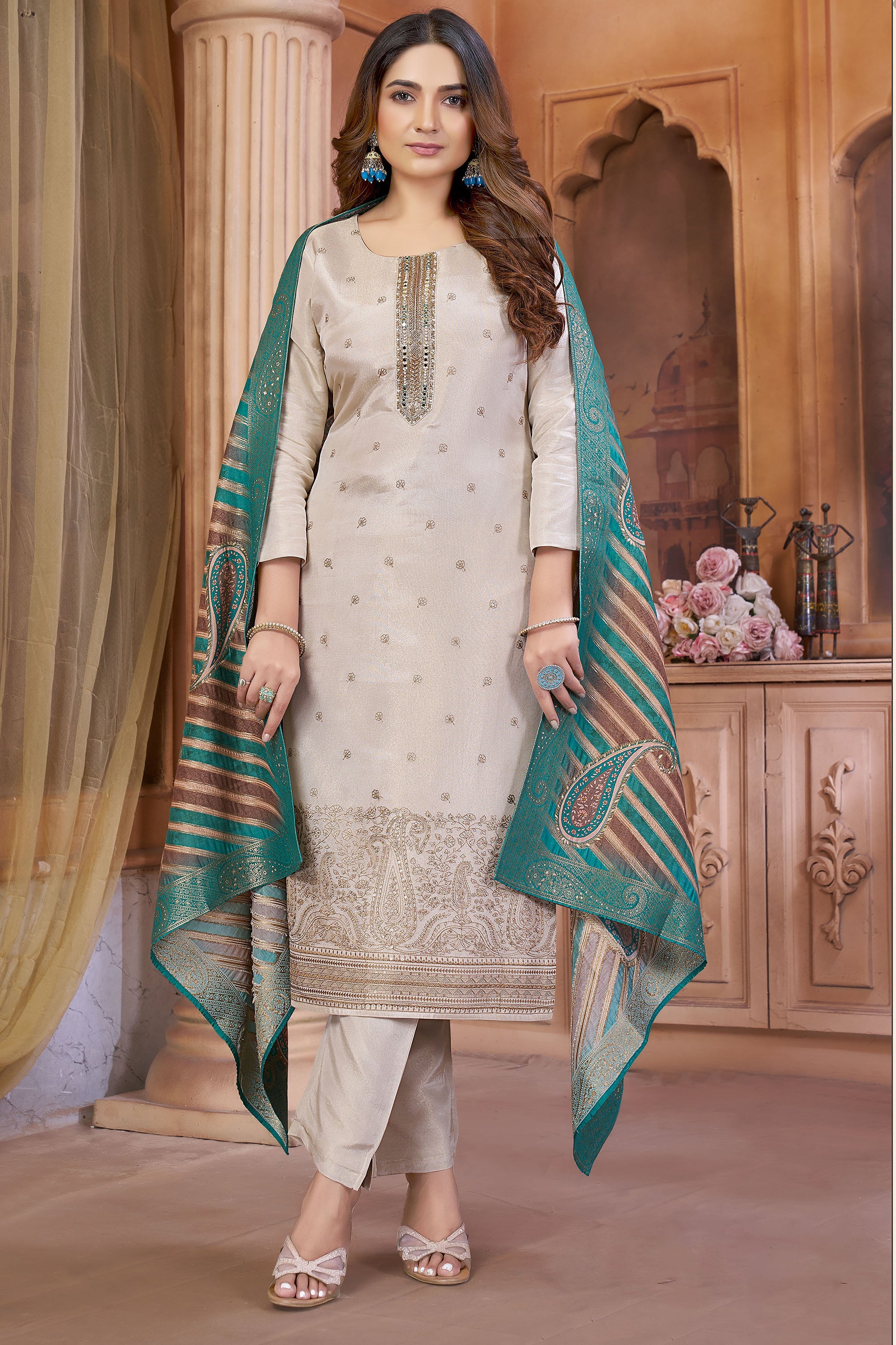 Sandstone Grace: Champagne Silk - Weave Straight Suit with Detailed Dupatta – Palkhi Fashion
