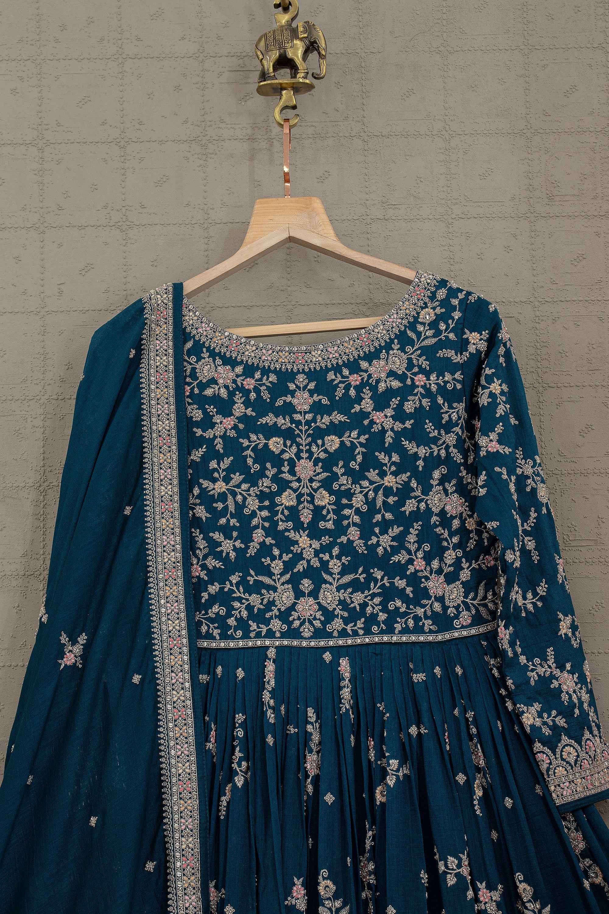 Sapphire Heirloom Embroidered Silk Gown with Elegant Work | Palkhi Fashion
