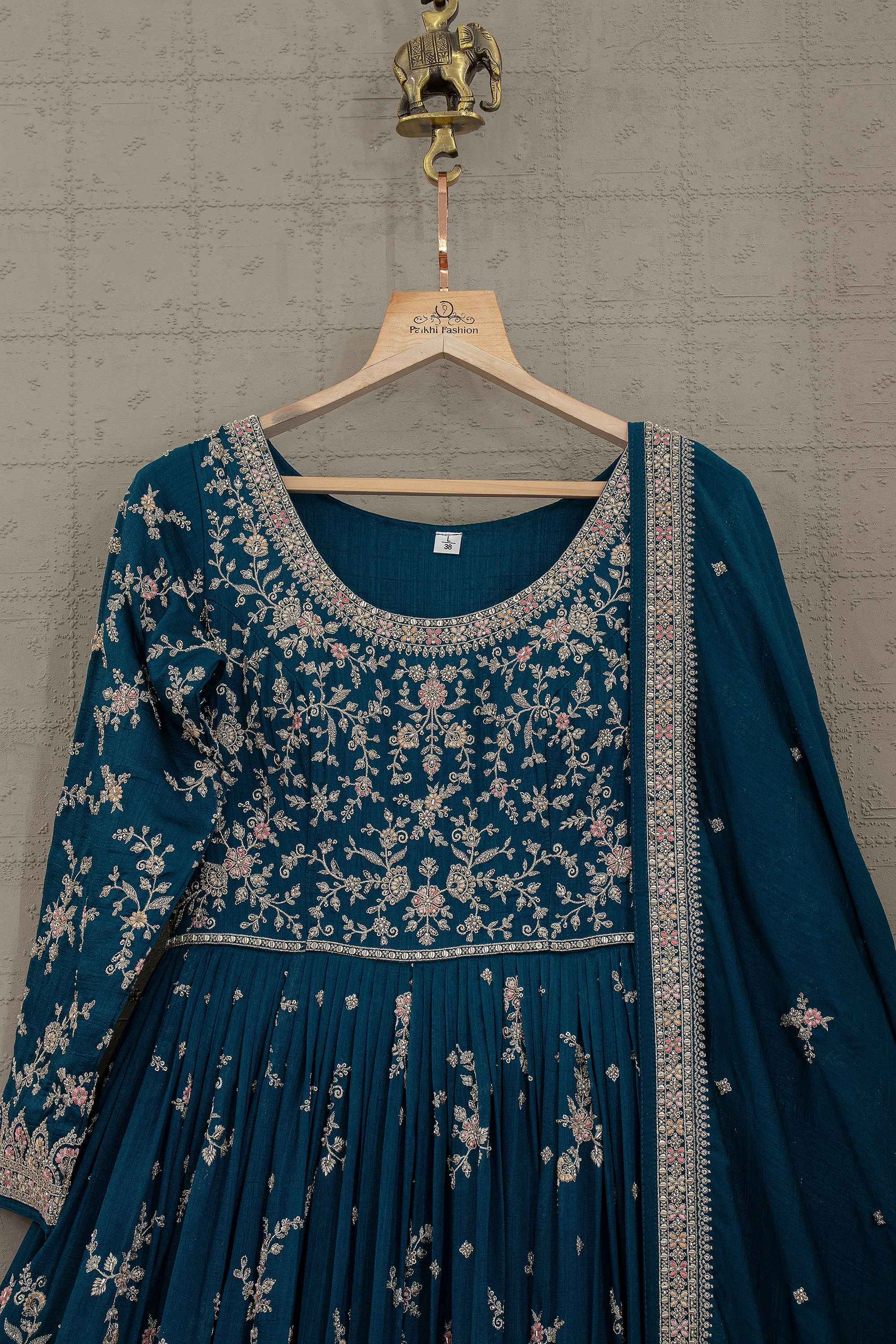 Sapphire Heirloom Embroidered Silk Gown with Elegant Work | Palkhi Fashion