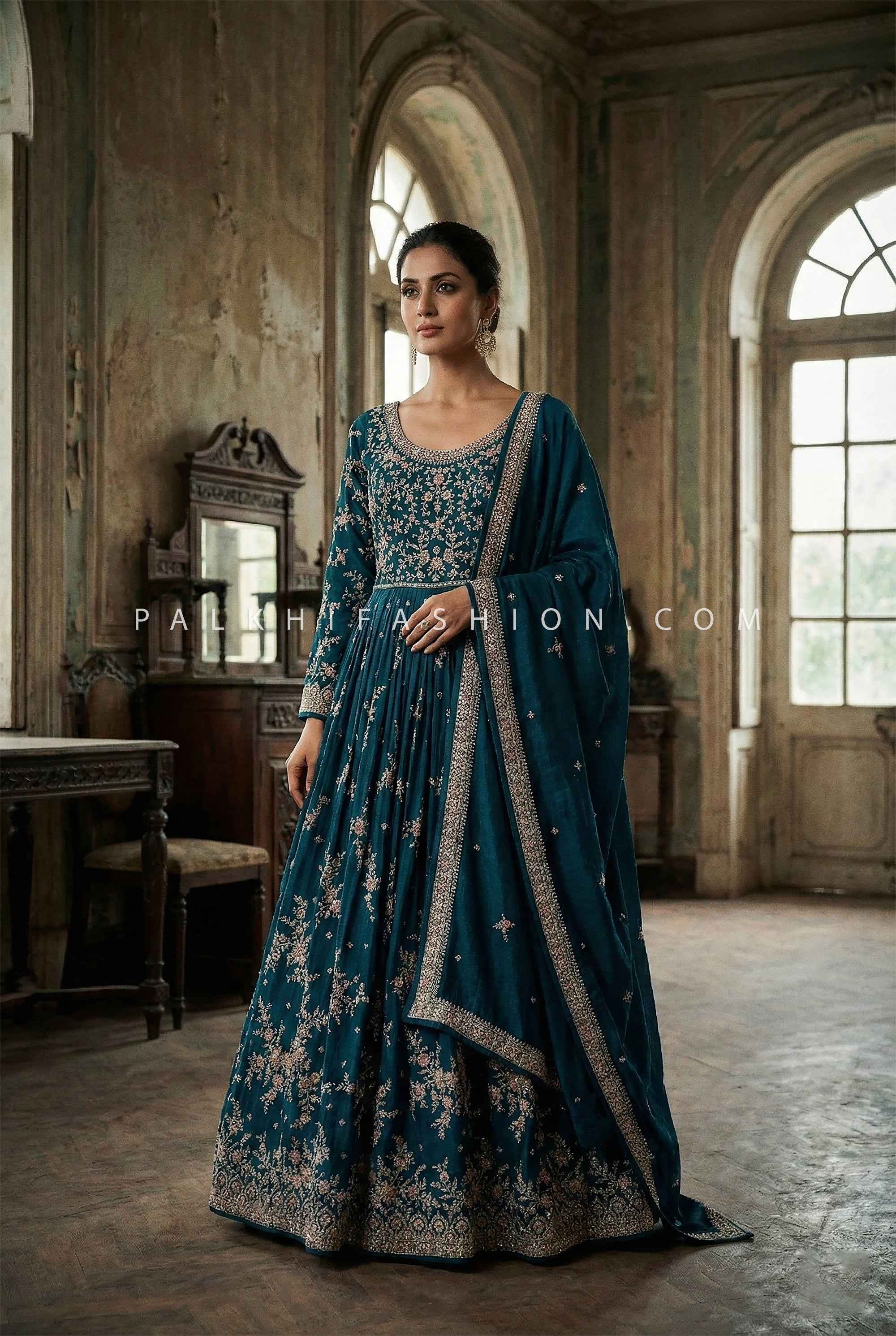 Sapphire Heirloom Embroidered Silk Gown with Elegant Work | Palkhi Fashion