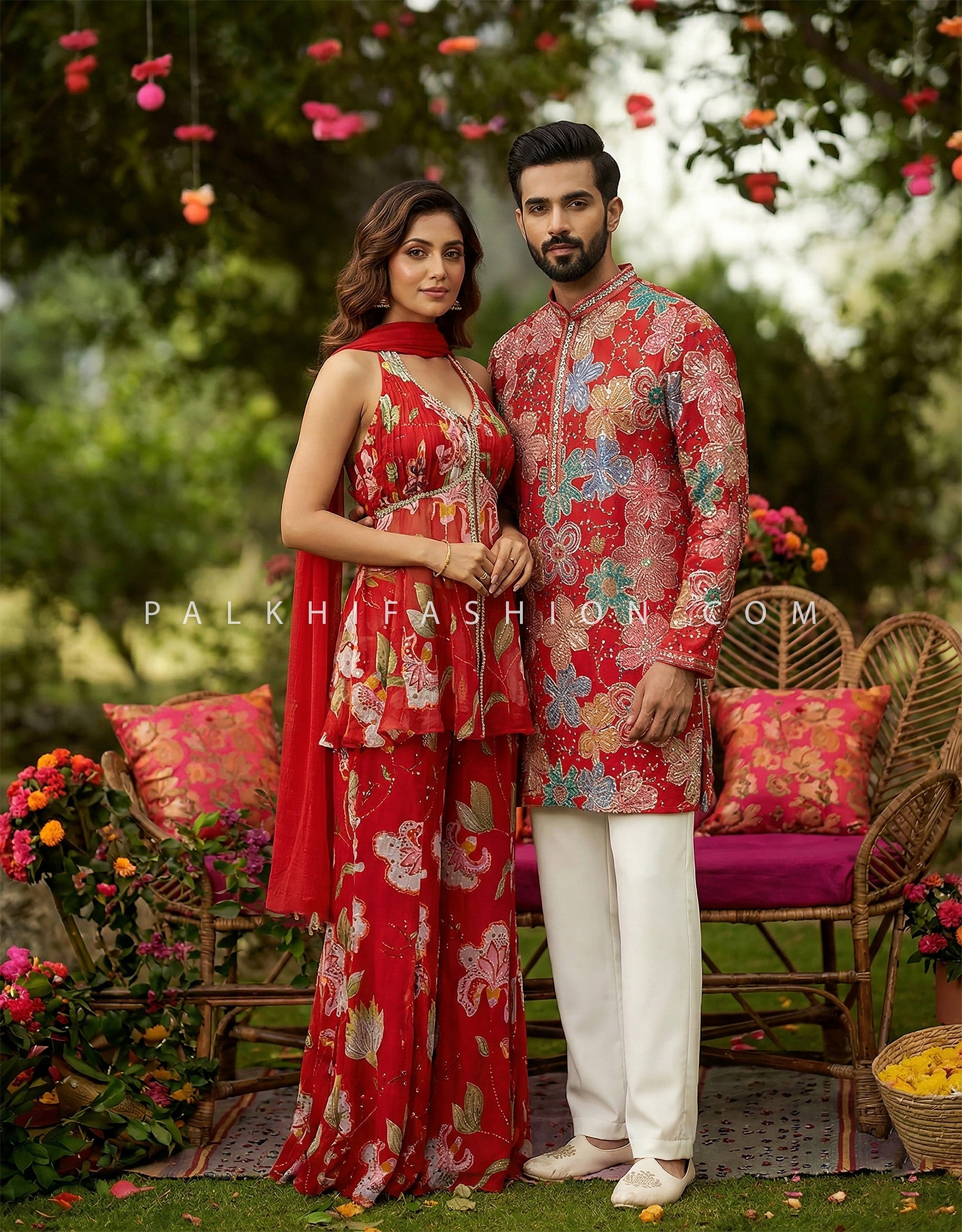Scarlet Bloom Red Floral Halter Palazzo Set – Designer Indo Fusion | Palkhi Fashion