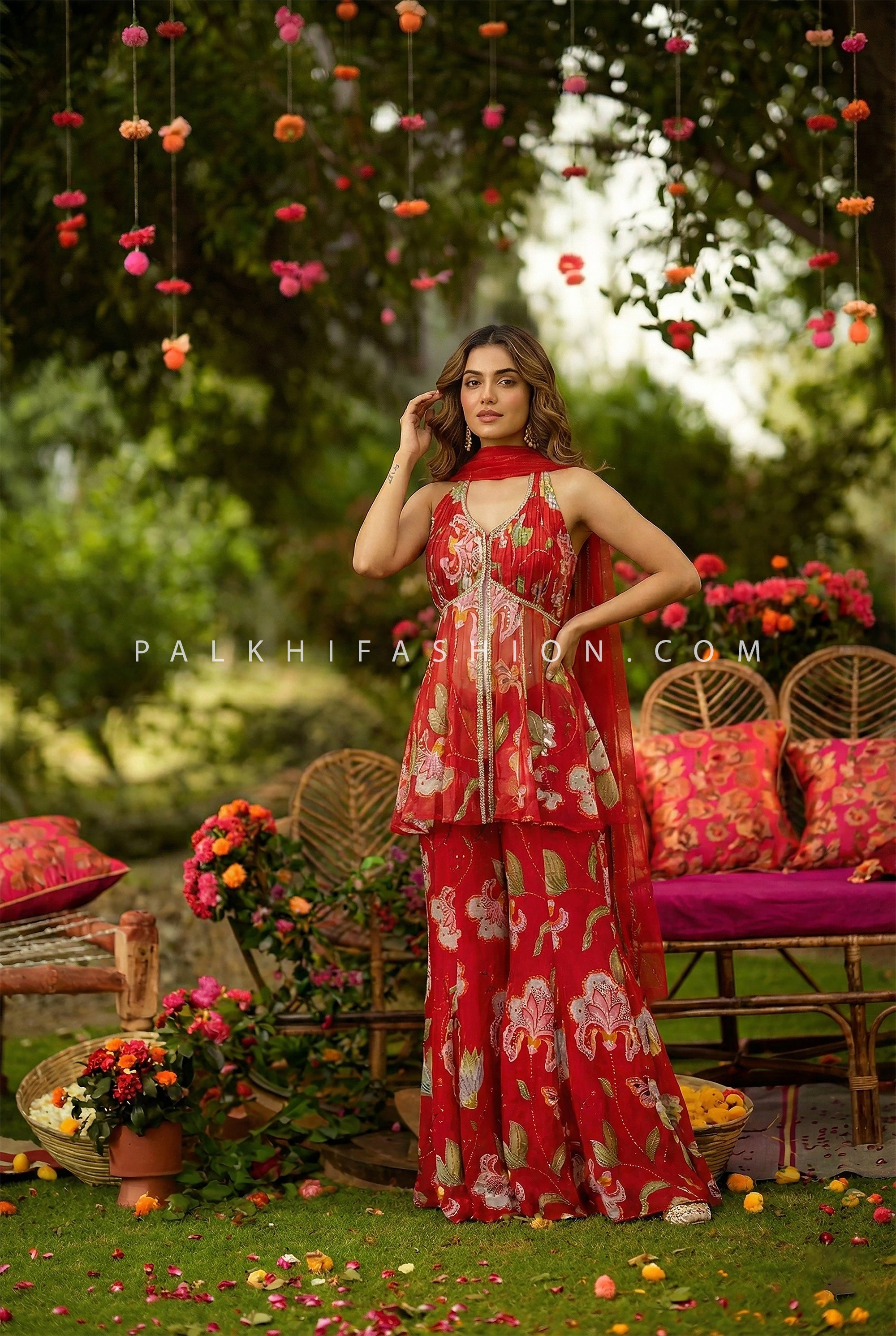 Scarlet Bloom Red Floral Halter Palazzo Set – Designer Indo Fusion | Palkhi Fashion