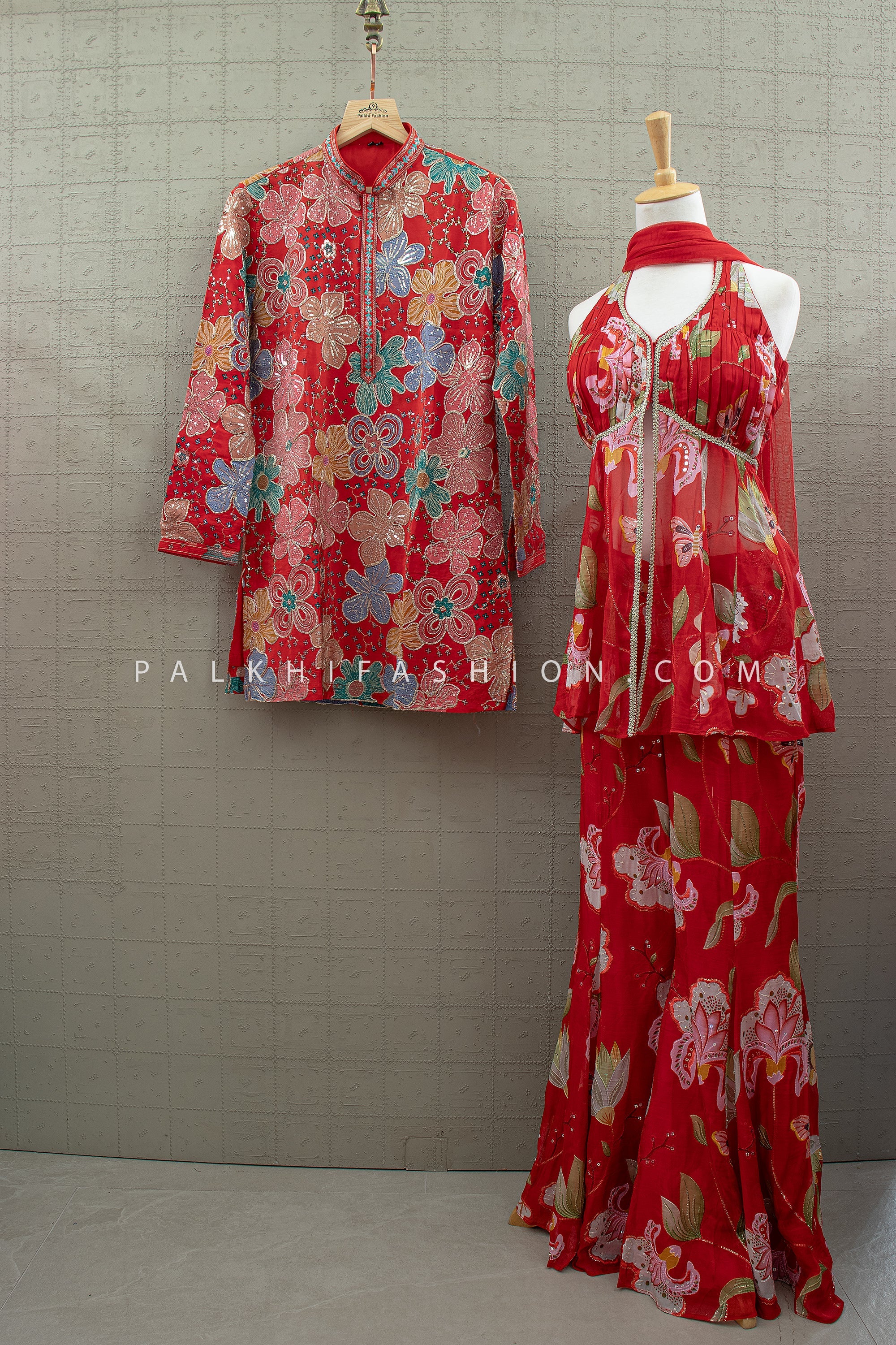 Scarlet Bloom Red Floral Halter Palazzo Set – Designer Indo Fusion | Palkhi Fashion
