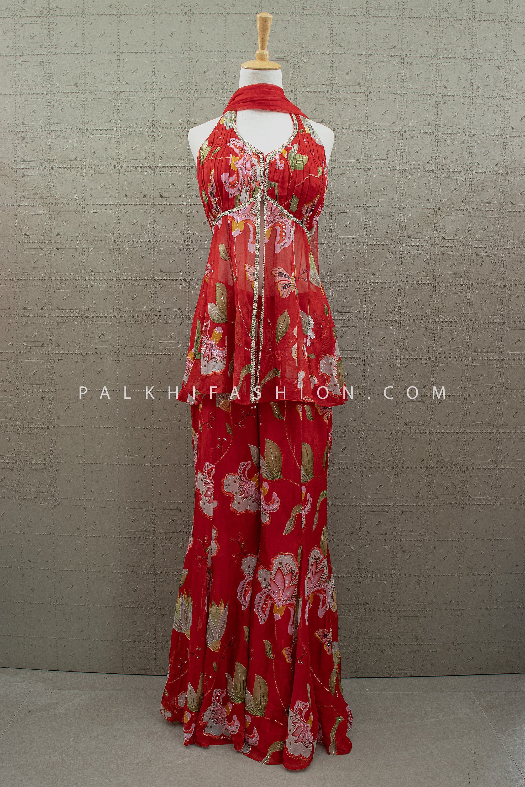 Scarlet Bloom Red Floral Halter Palazzo Set – Designer Indo Fusion | Palkhi Fashion