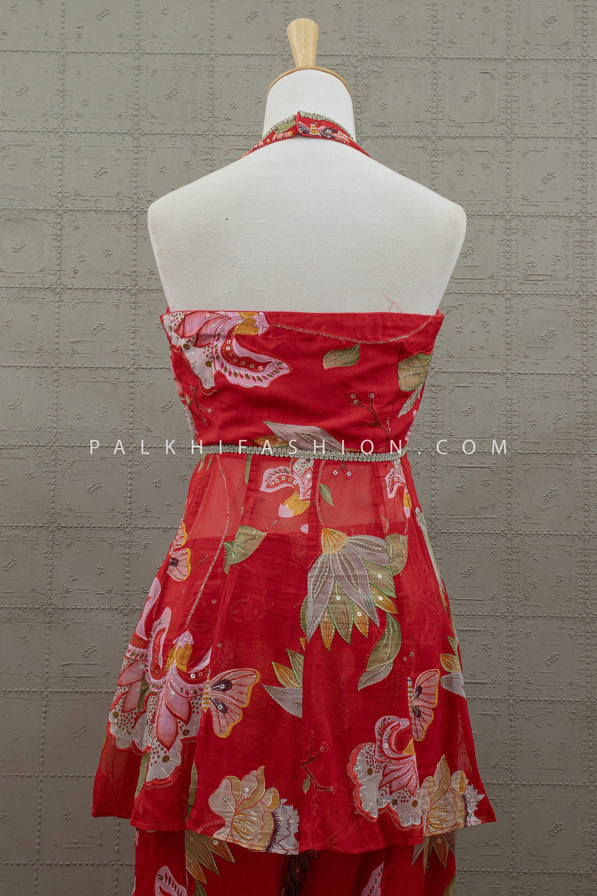 Scarlet Bloom Red Floral Halter Palazzo Set – Designer Indo Fusion | Palkhi Fashion
