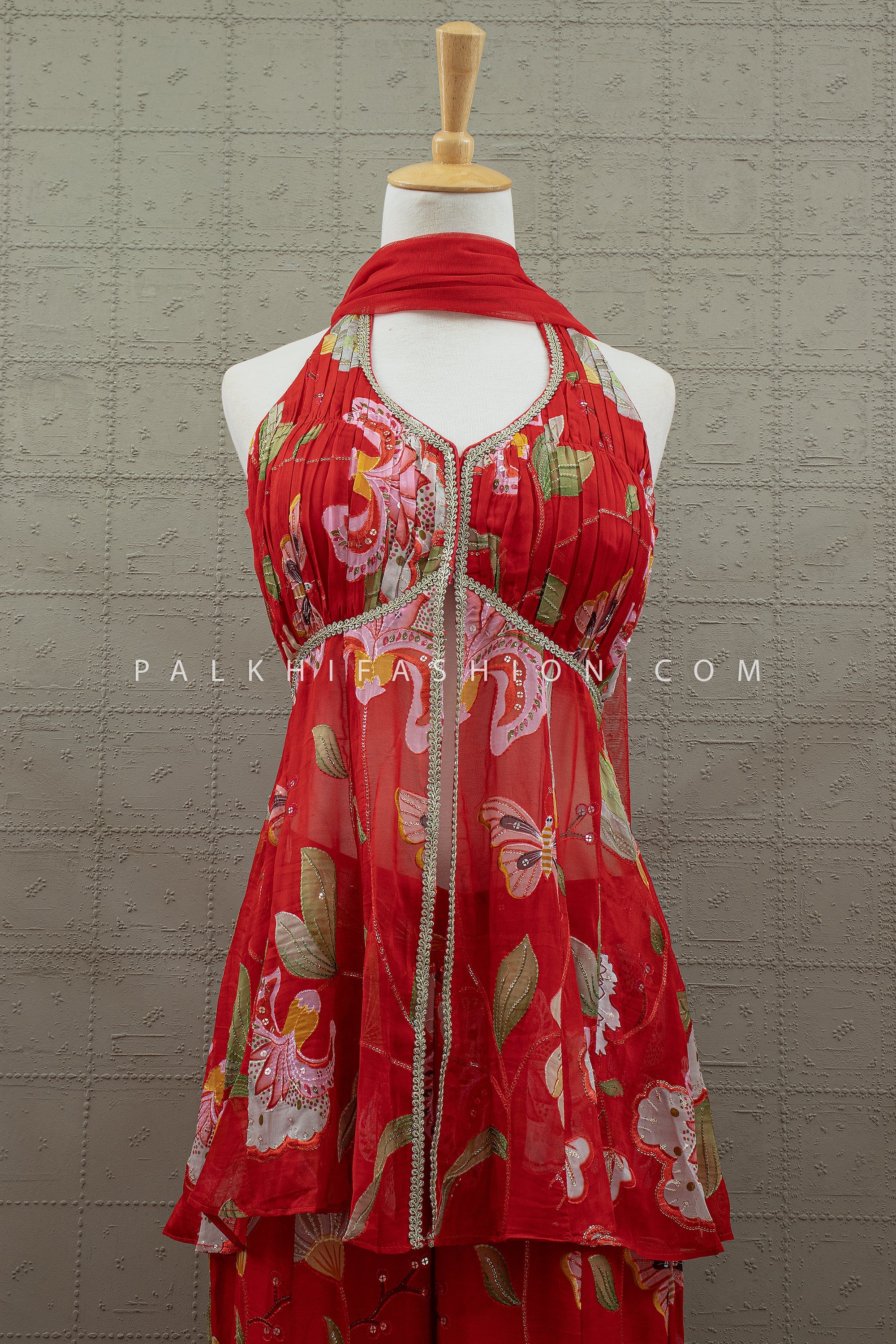 Scarlet Bloom Red Floral Halter Palazzo Set – Designer Indo Fusion | Palkhi Fashion