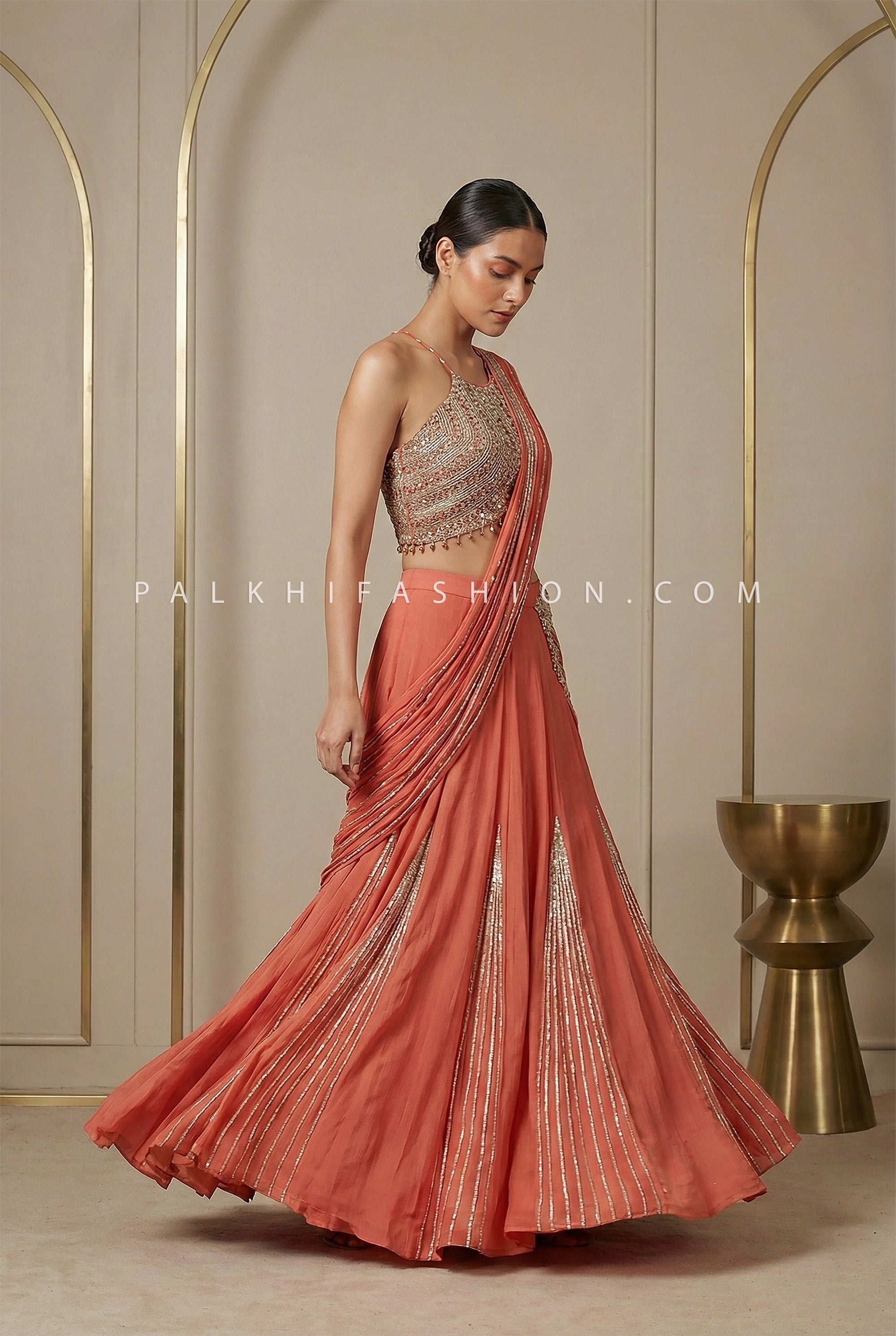 Sculpted Evening Elegance – Apple Blossom Silk Pre - Draped Lehenga Set – Palkhi Fashion
