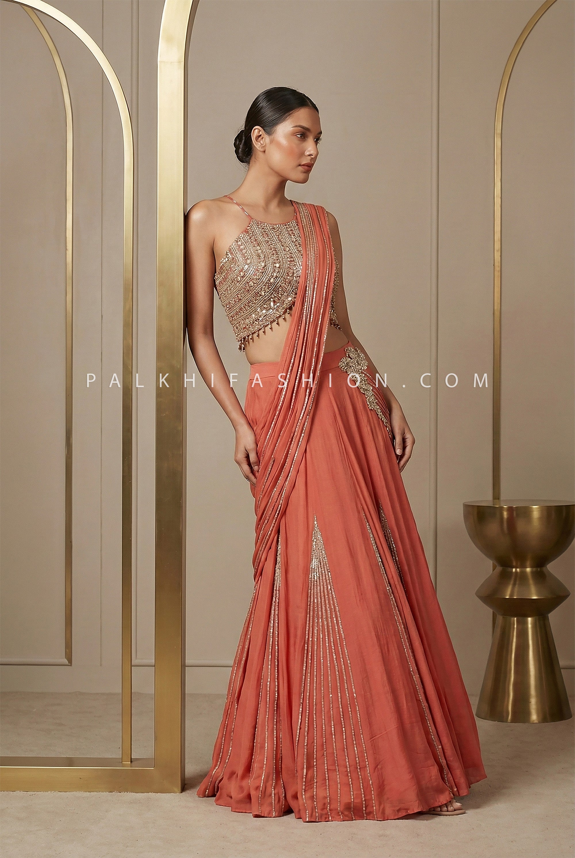 Sculpted Evening Elegance – Apple Blossom Silk Pre - Draped Lehenga Set – Palkhi Fashion