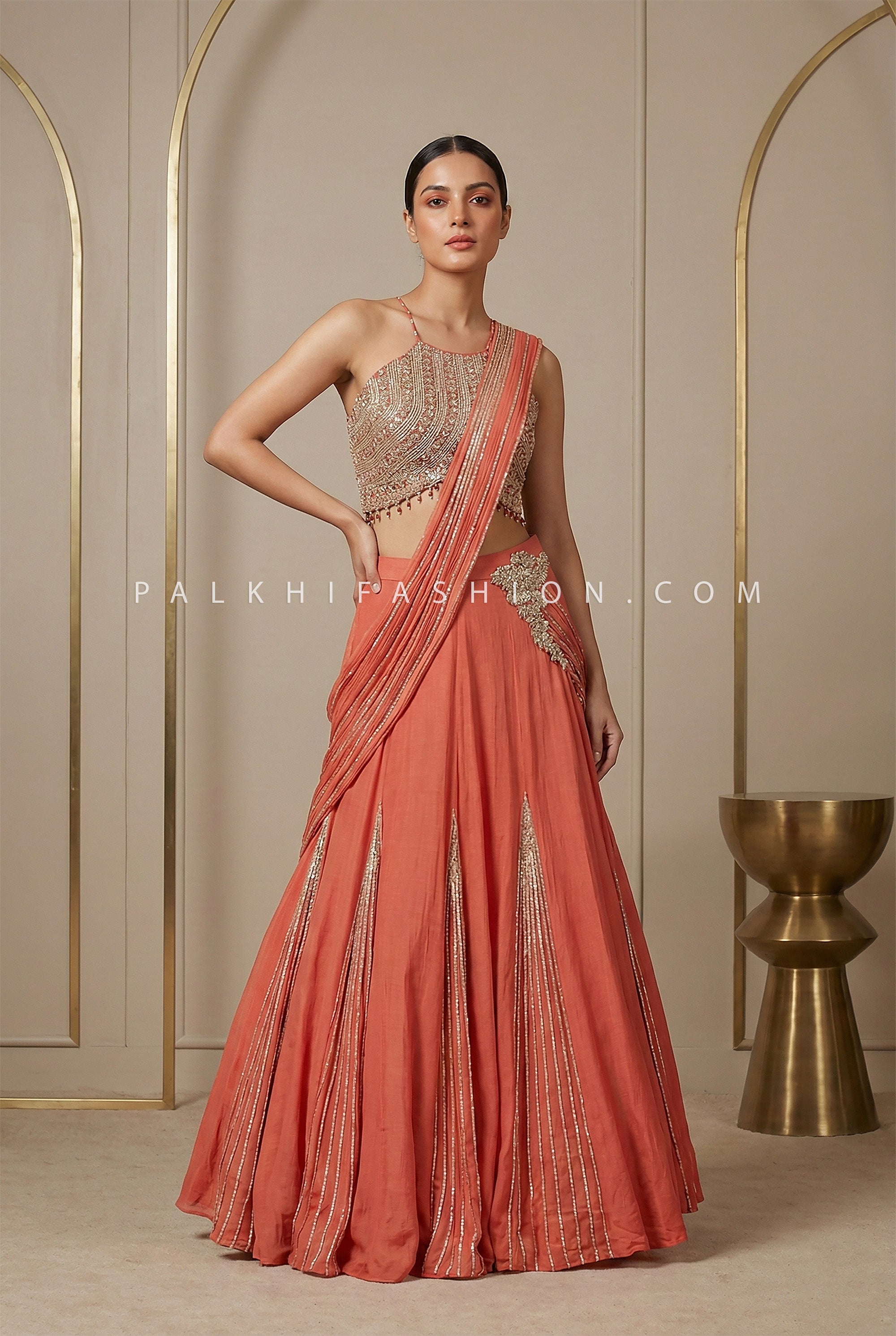 Sculpted Evening Elegance – Apple Blossom Silk Pre - Draped Lehenga Set – Palkhi Fashion