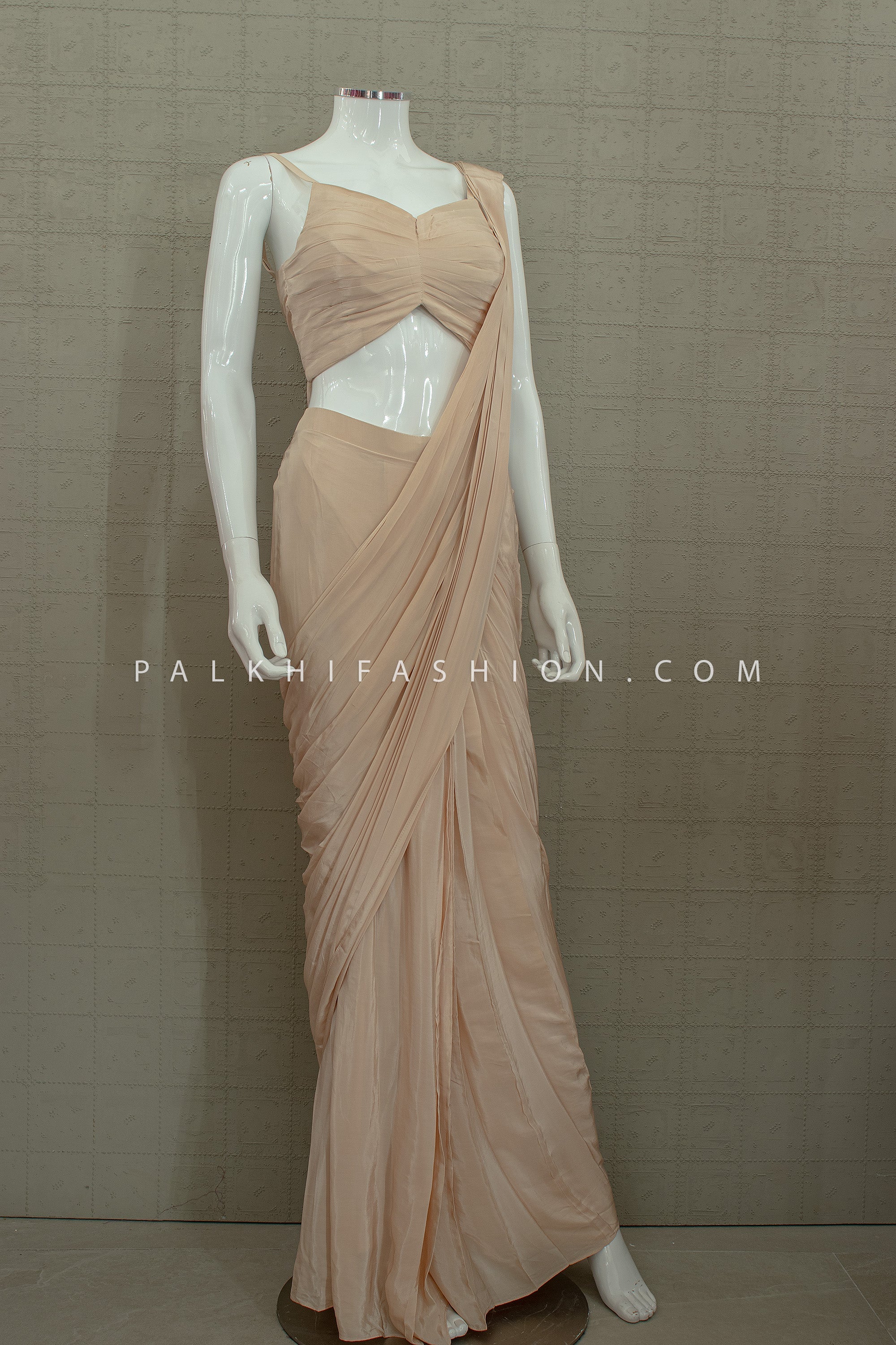 Sculpted Nude Champagne Pre - Draped Saree Cape Set | Modern Couture Saree Palkhi Fashion