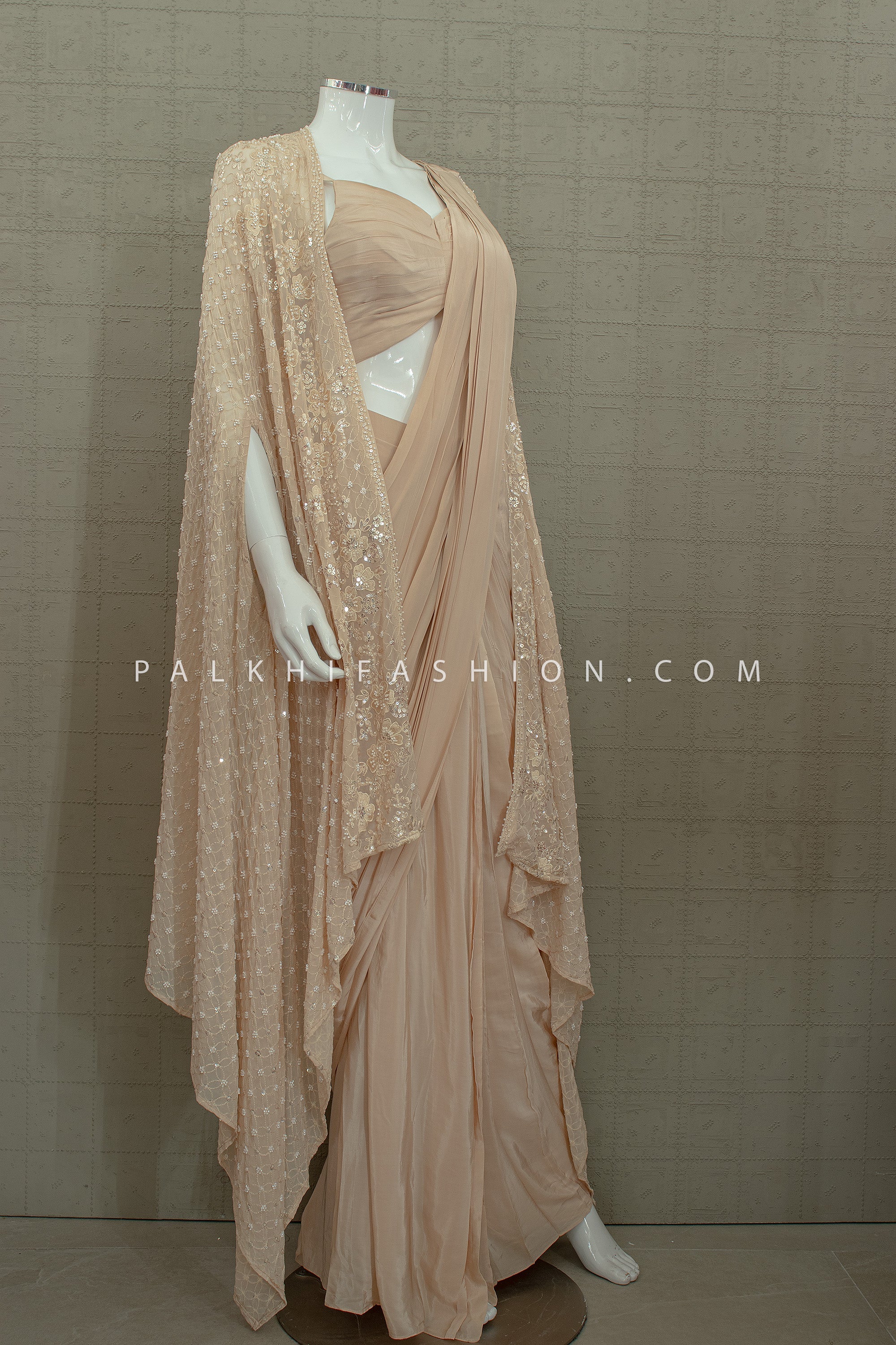 Sculpted Nude Champagne Pre - Draped Saree Cape Set | Modern Couture Saree Palkhi Fashion