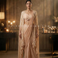 Sculpted Nude Champagne Pre - Draped Saree Cape Set | Modern Couture Saree Palkhi Fashion