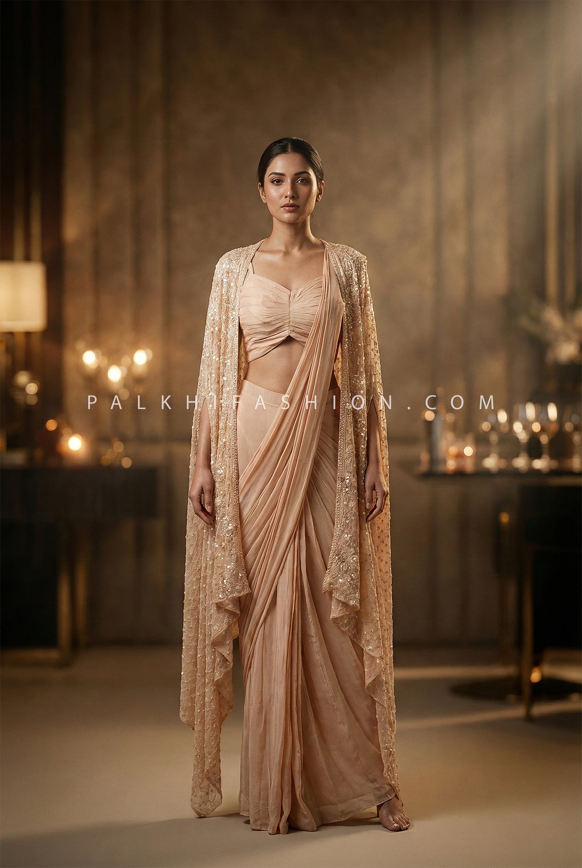 Sculpted Nude Champagne Pre - Draped Saree Cape Set | Modern Couture Saree Palkhi Fashion