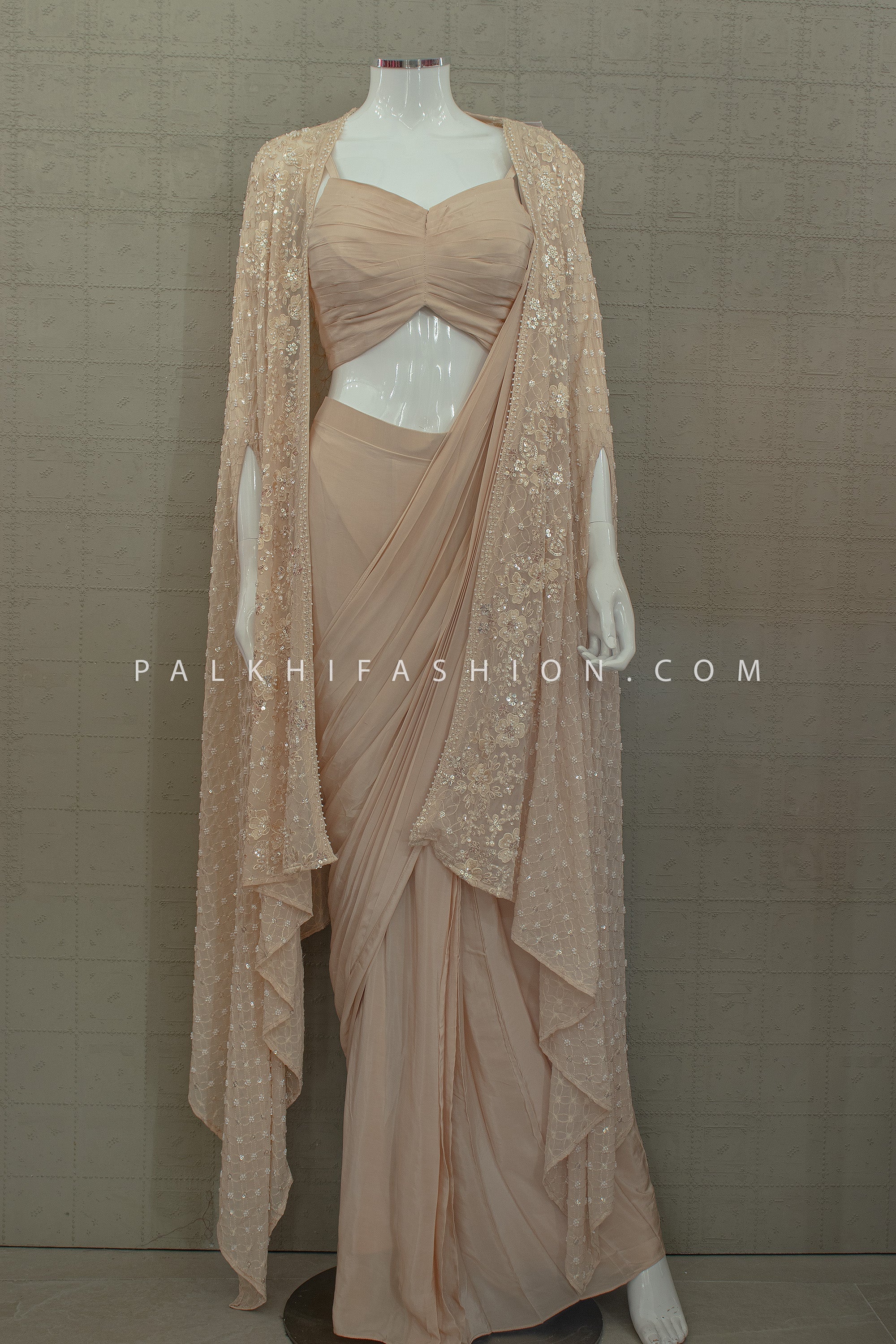 Sculpted Nude Champagne Pre - Draped Saree Cape Set | Modern Couture Saree Palkhi Fashion