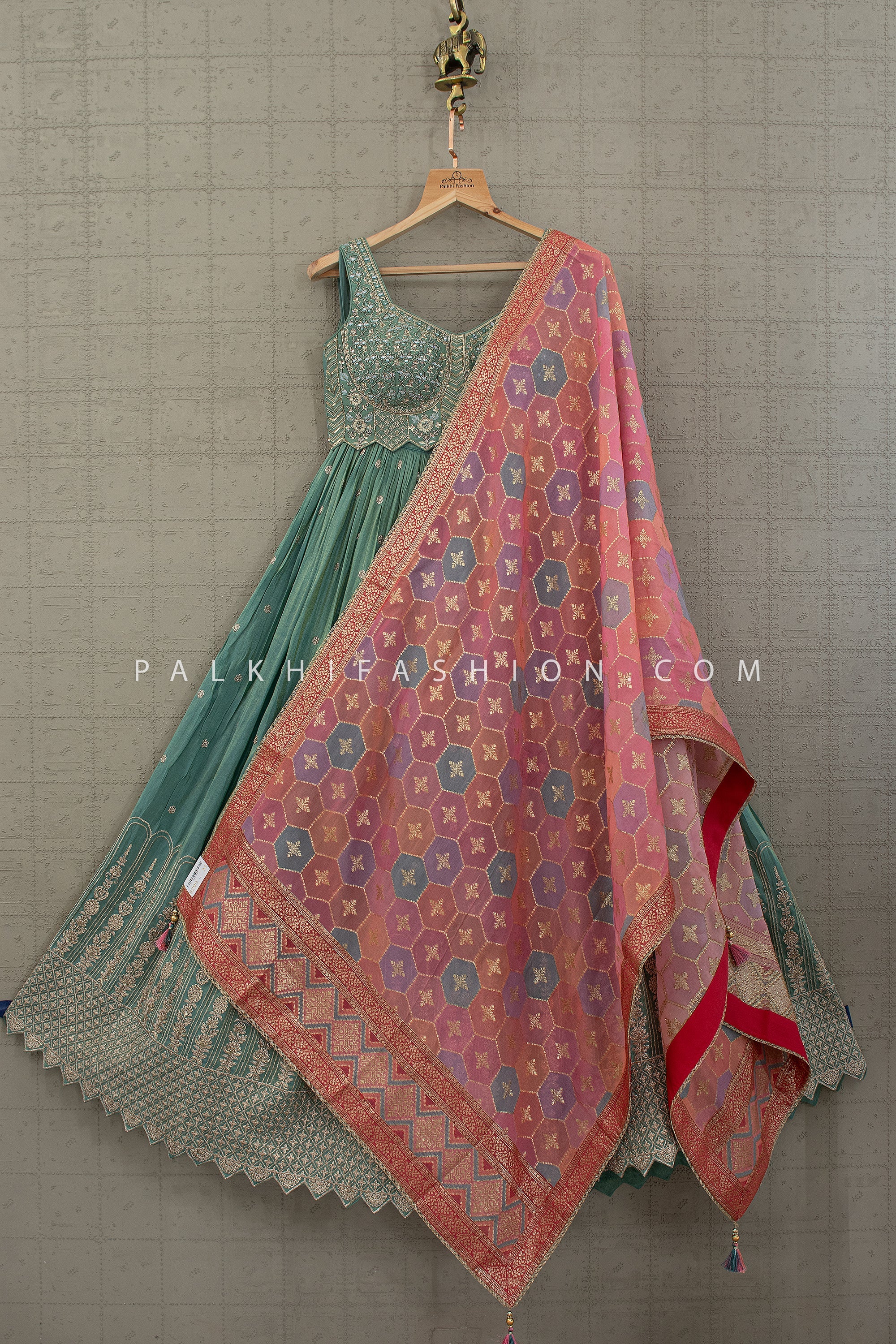 Serene Royal Aura – Sage Green Lehenga Choli with Banarasi Weave Dupatta – Palkhi Fashion
