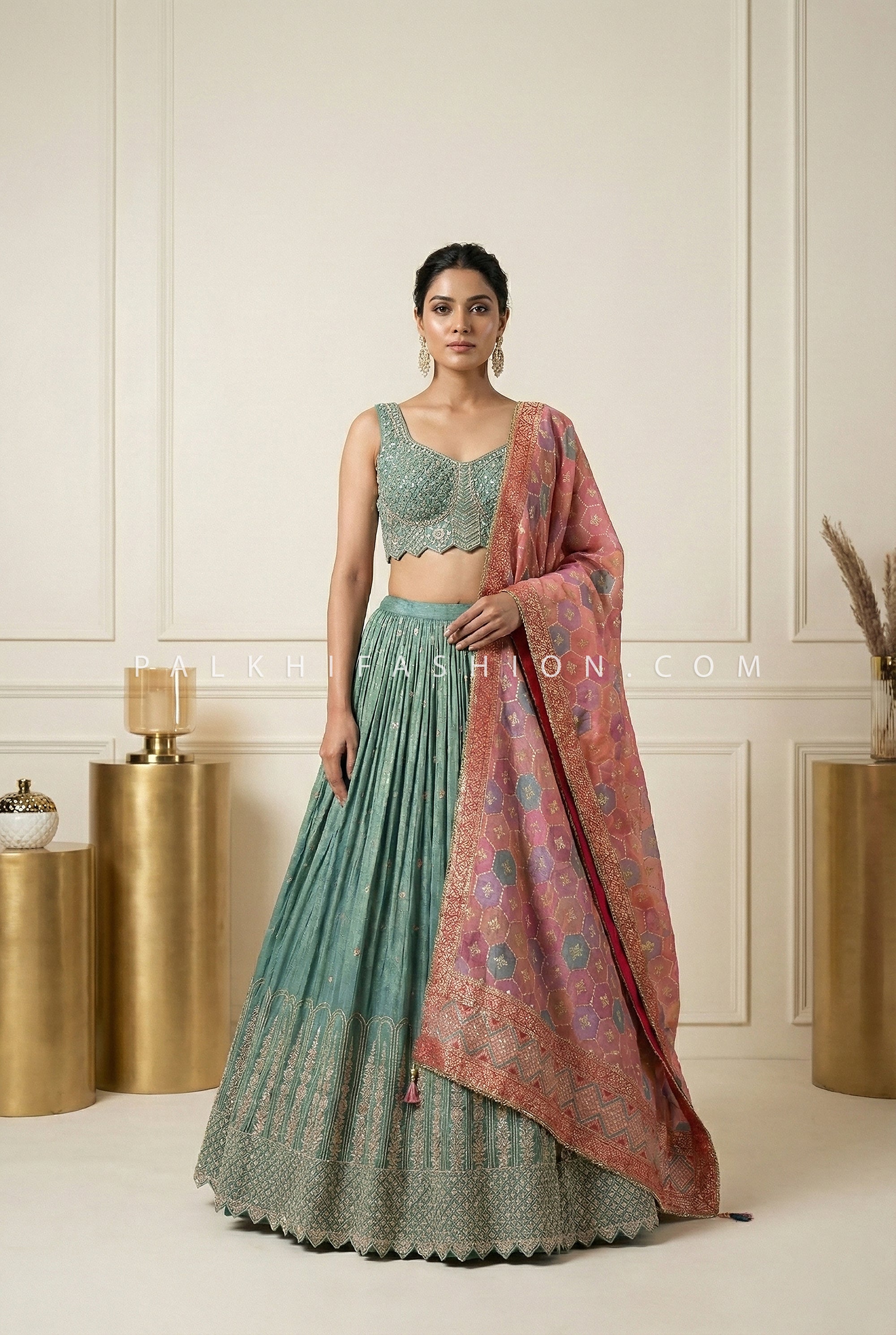 Serene Royal Aura – Sage Green Lehenga Choli with Banarasi Weave Dupatta – Palkhi Fashion