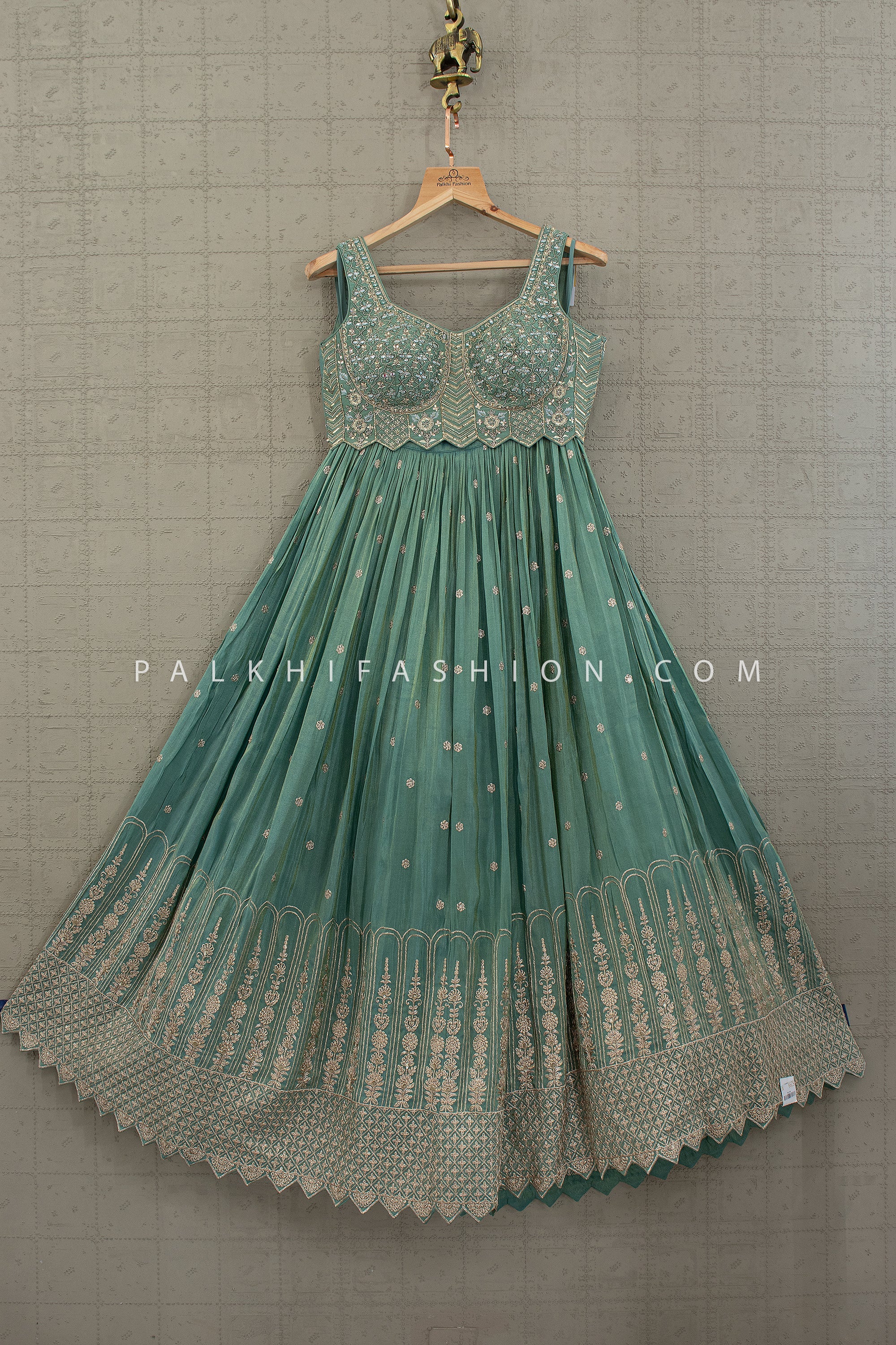 Serene Royal Aura – Sage Green Lehenga Choli with Banarasi Weave Dupatta – Palkhi Fashion