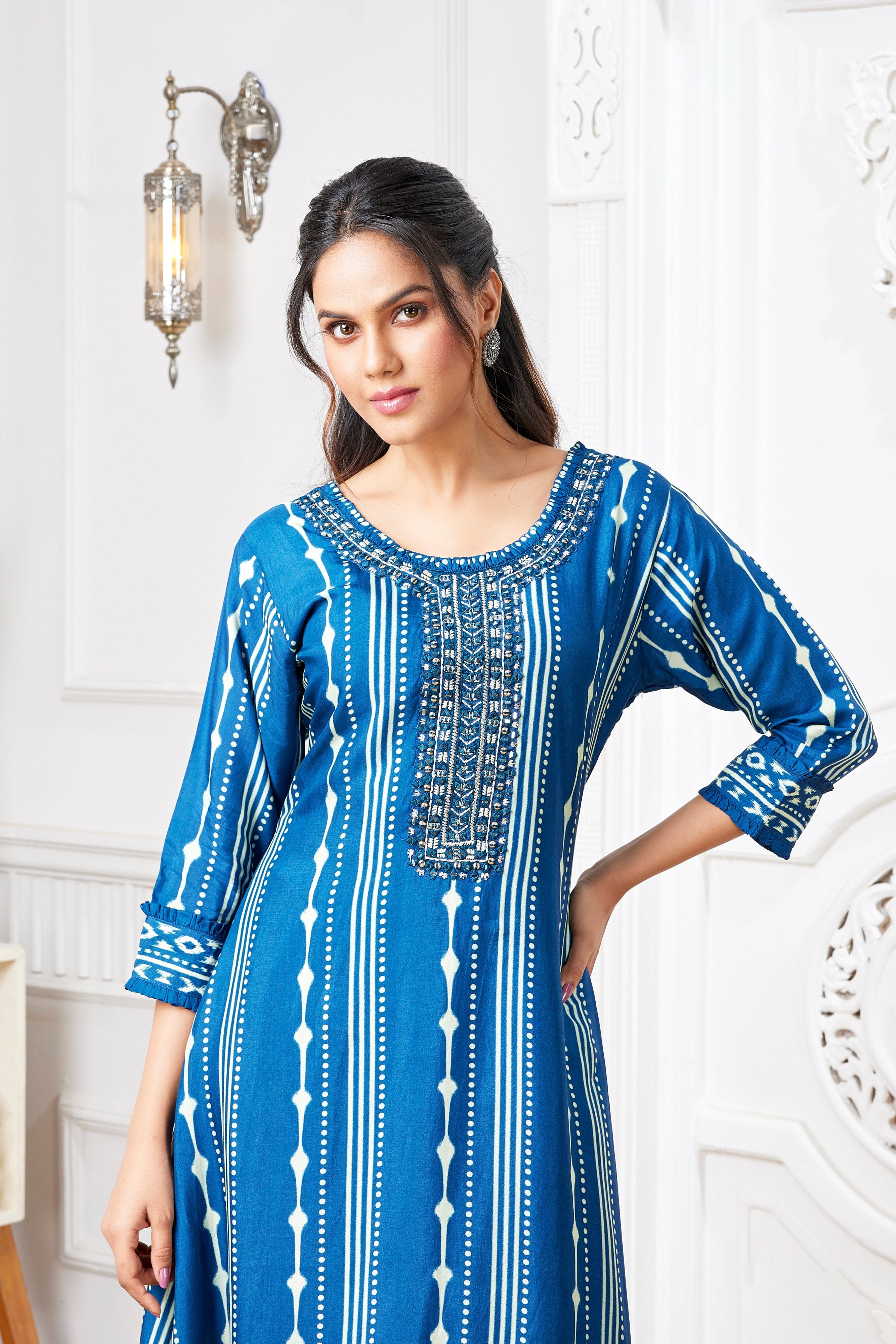 Serene Sophistication: Designer Blue Salwar Kameez with Ikat Embroidery & Mirror Work
