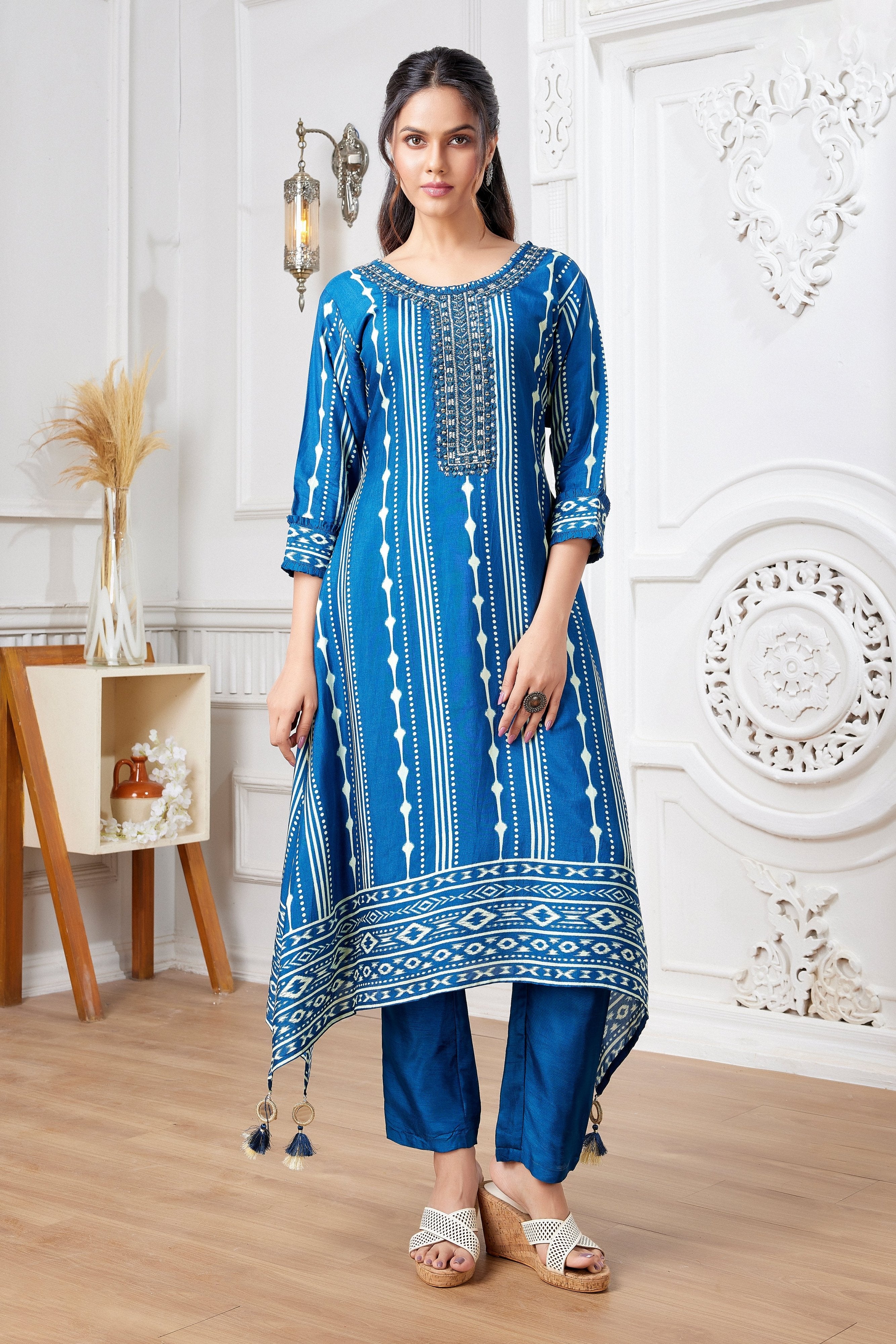 Serene Sophistication: Designer Blue Salwar Kameez with Ikat Embroidery & Mirror Work