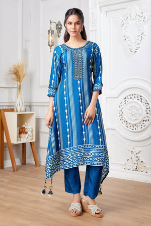 Serene Sophistication: Designer Blue Salwar Kameez with Ikat Embroidery & Mirror Work