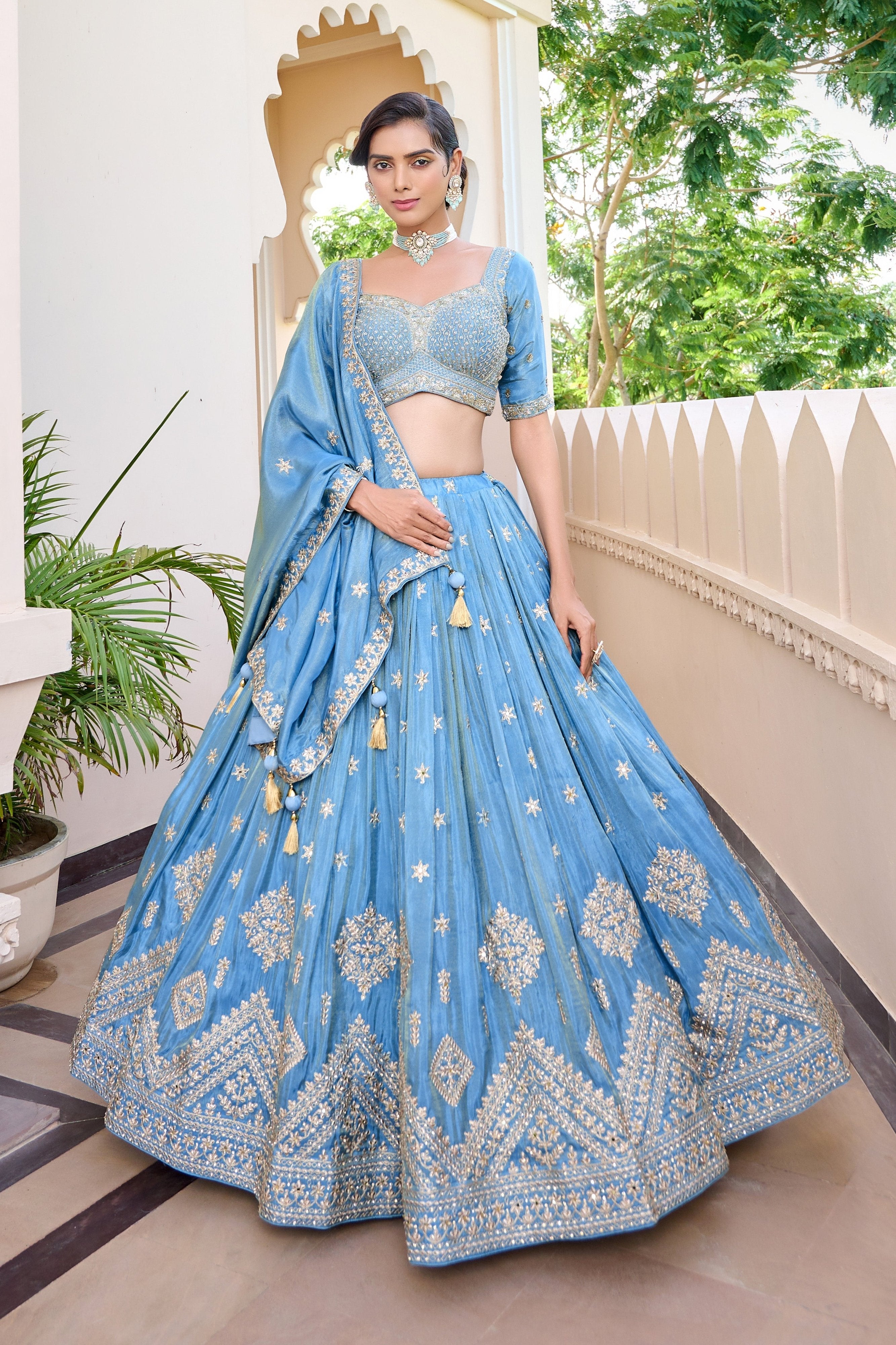 Serene Splendor: Powder Blue Silk Lehenga Choli with Gota & Mirror Work – Palkhi Fashion
