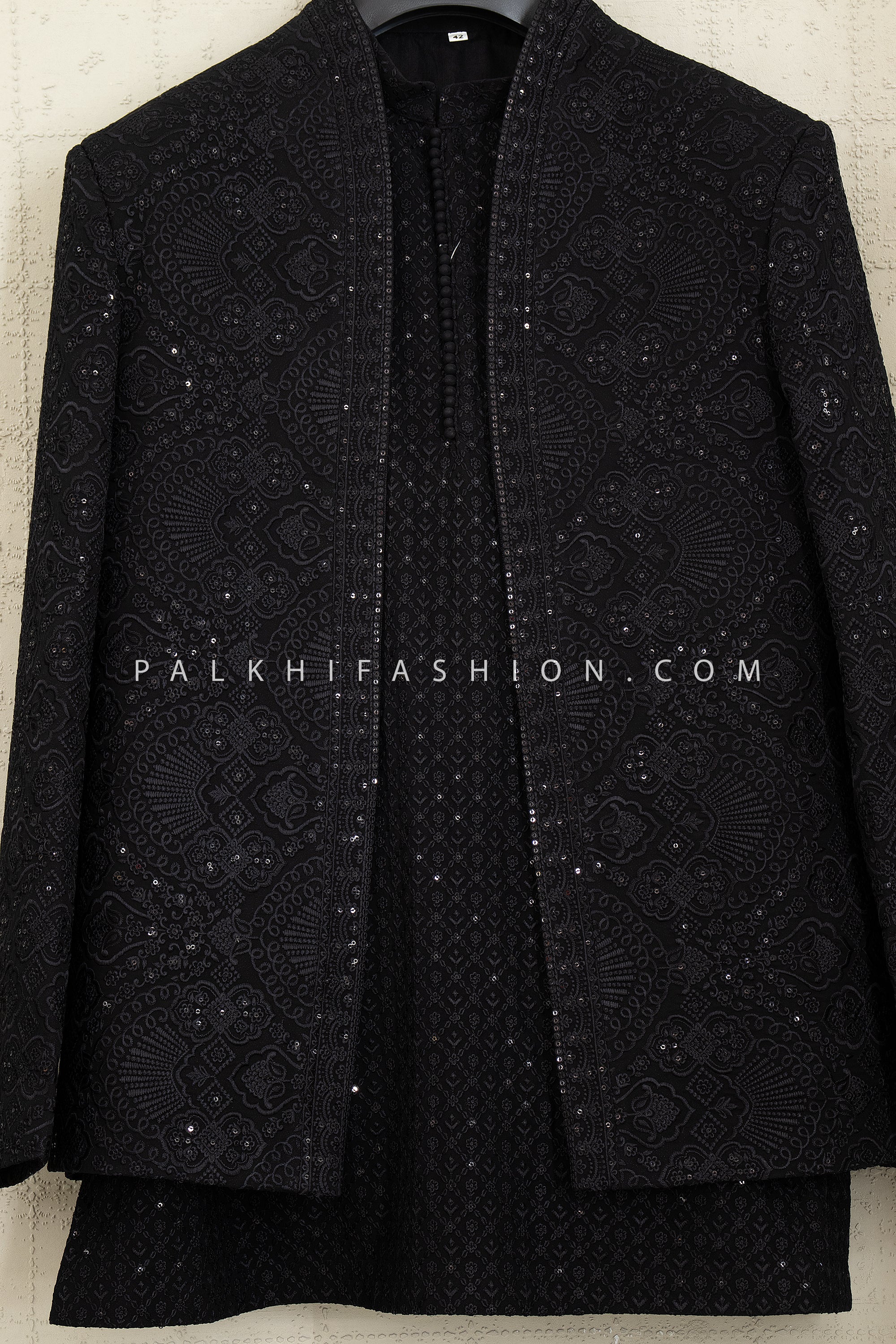 Shadow Luxe —Men’s Black Open Jacket Indo - Western with Elegant Work | Palkhi Fashion