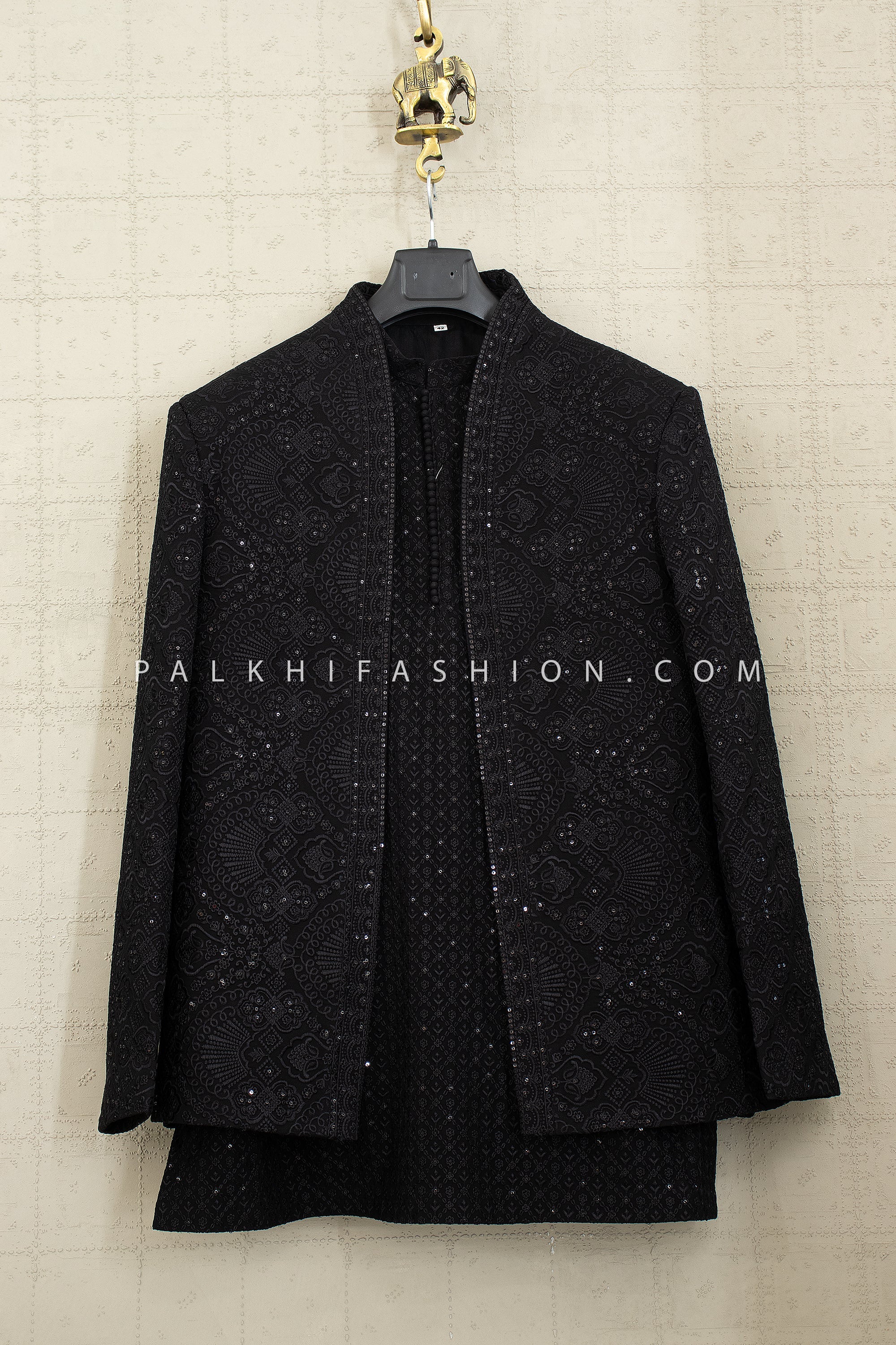 Shadow Luxe —Men’s Black Open Jacket Indo - Western with Elegant Work | Palkhi Fashion