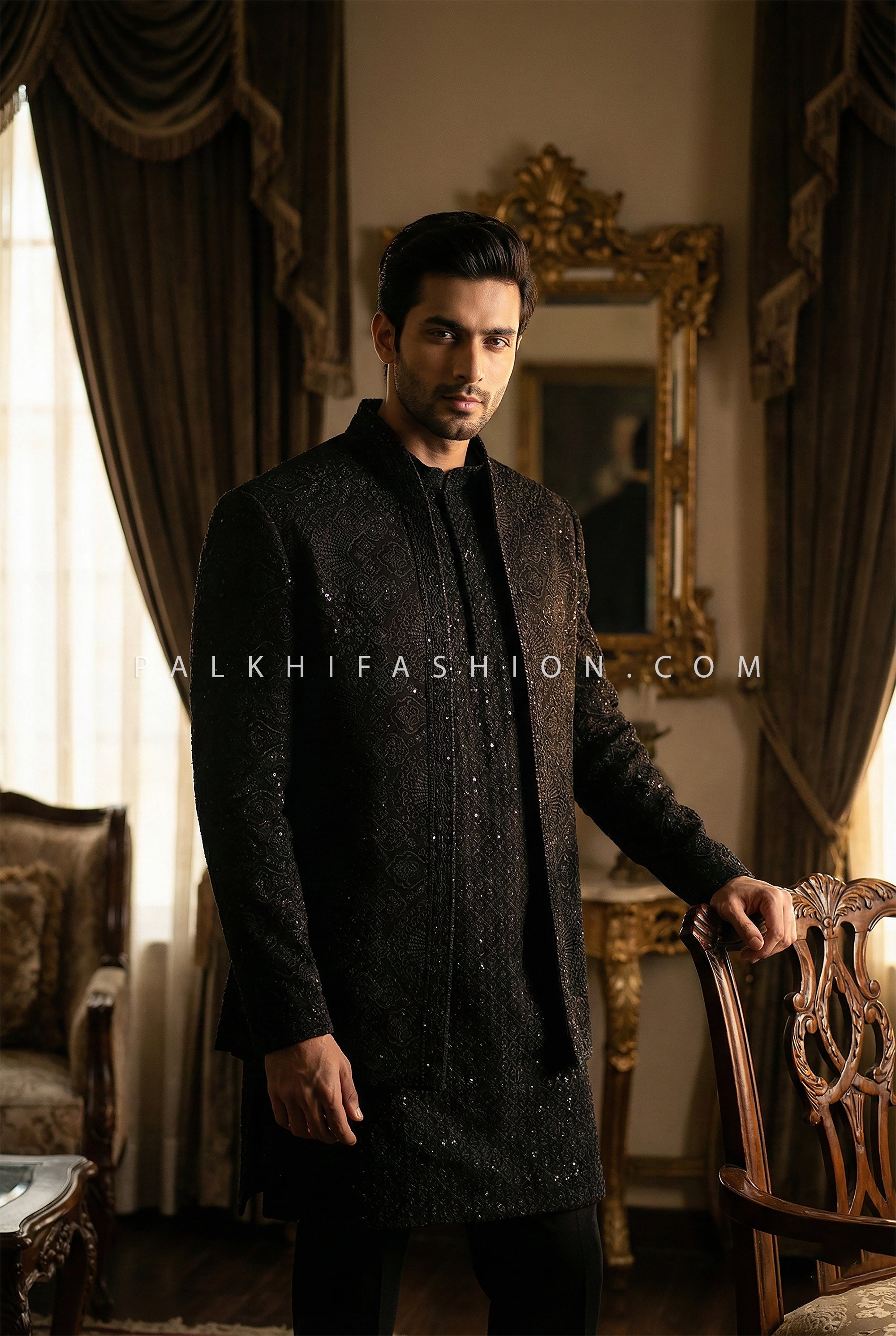 Shadow Luxe —Men’s Black Open Jacket Indo - Western with Elegant Work | Palkhi Fashion