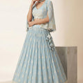 Sky Mist Luxe: Chikankari Mirrorwork Georgette Lehenga Choli with IndoWestern Jacket – Palkhi Fashion