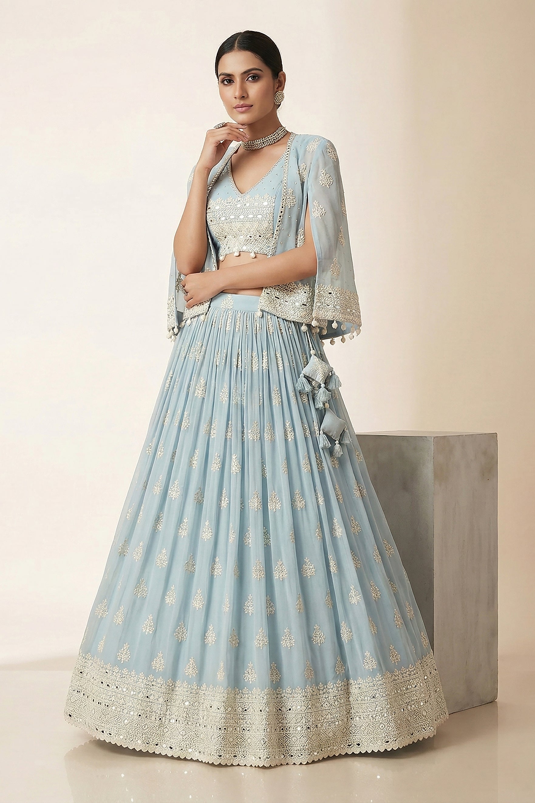 Sky Mist Luxe: Chikankari Mirrorwork Georgette Lehenga Choli with IndoWestern Jacket – Palkhi Fashion