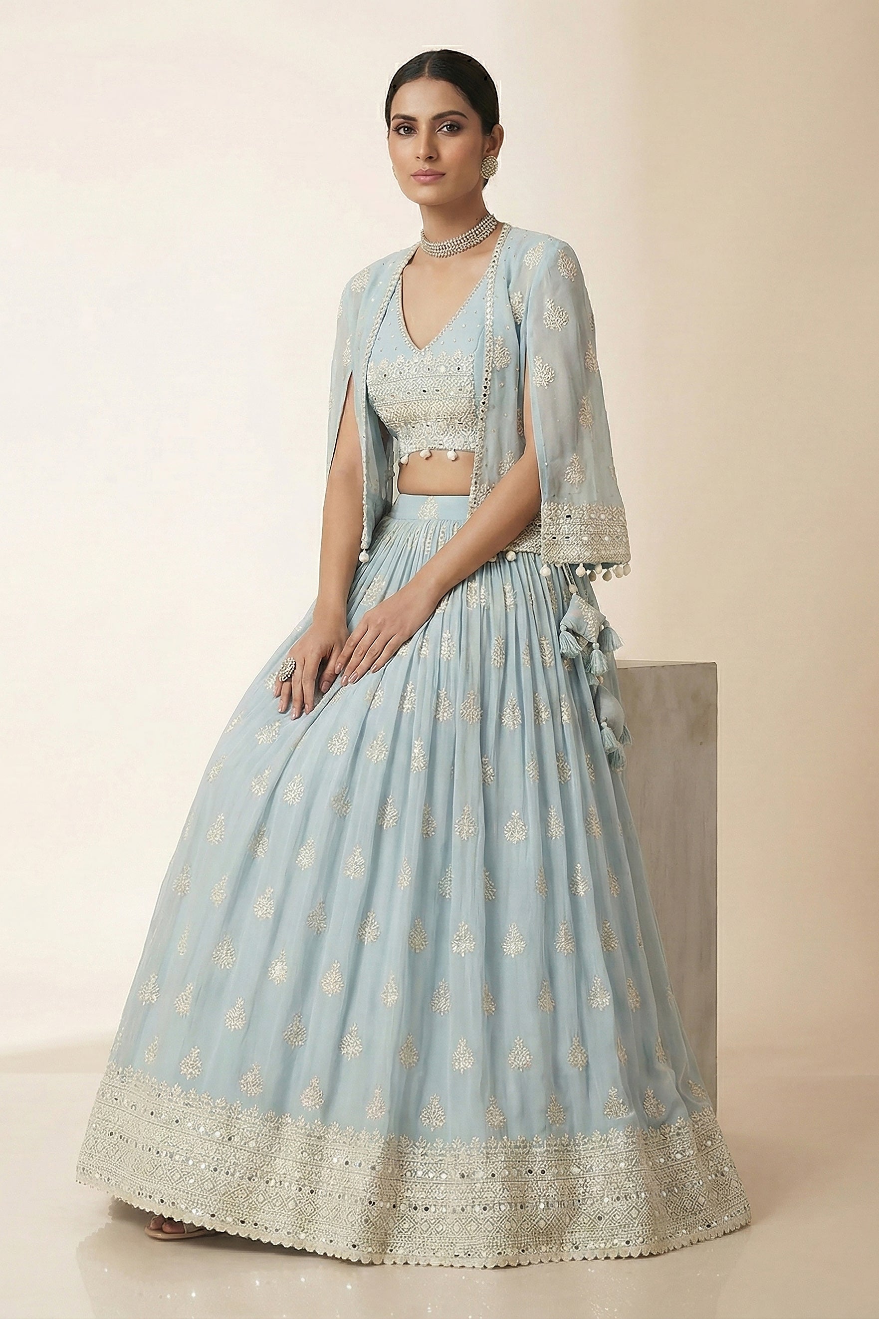 Sky Mist Luxe: Chikankari Mirrorwork Georgette Lehenga Choli with IndoWestern Jacket – Palkhi Fashion