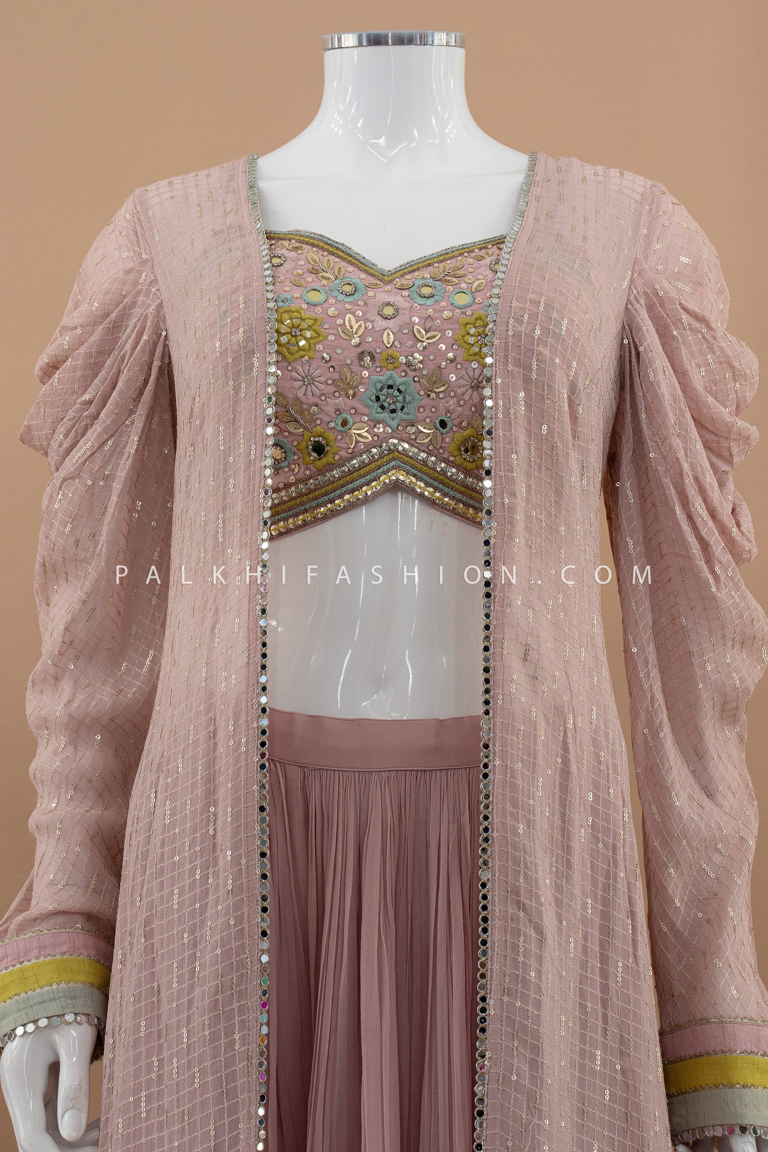 Soft Glam in Motion: Designer Georgette Palazzo Set & Crop Top in Mauve