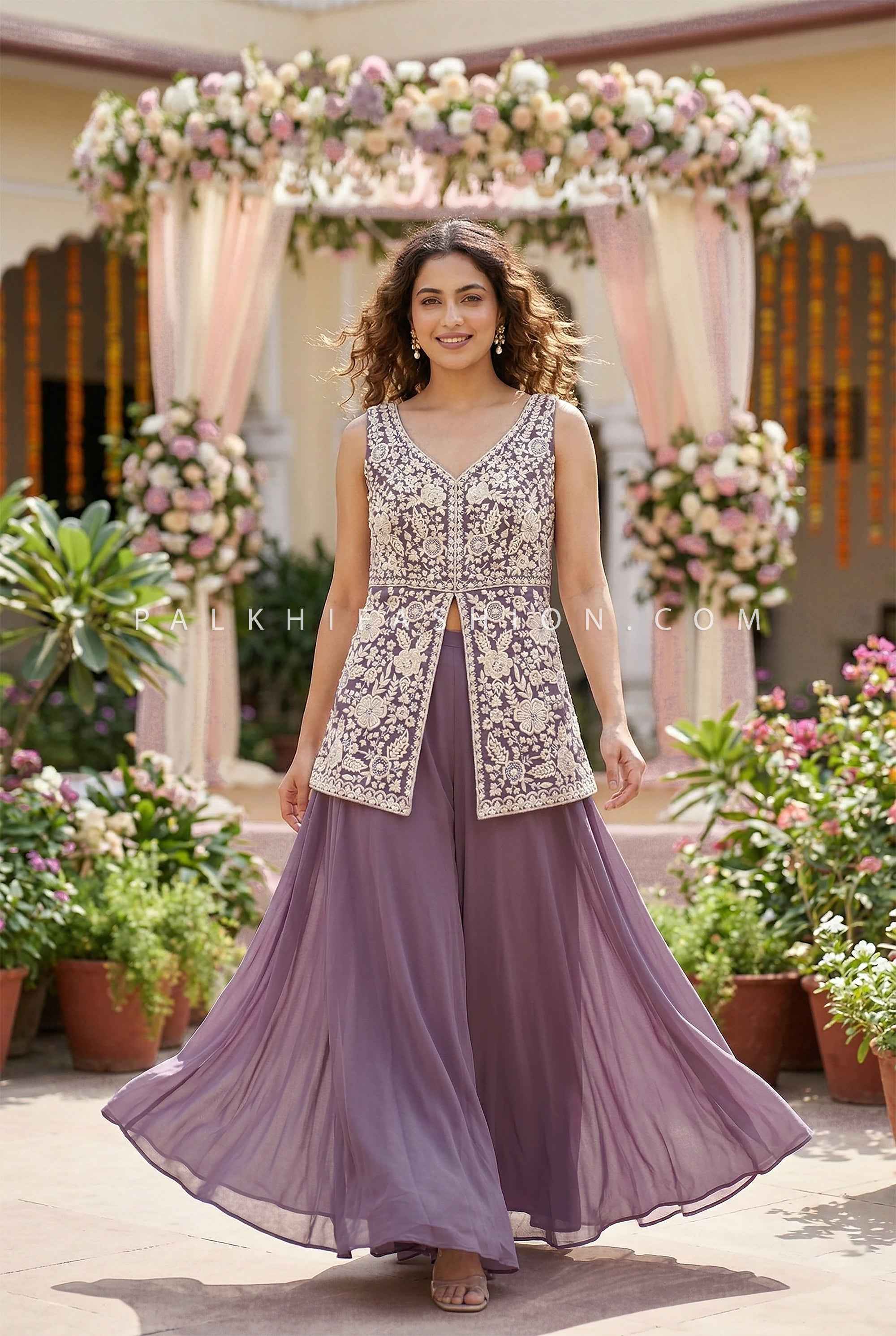 Lilac Embroidered Palazzo Suit | Pearl Work | Palkhi Fashion Powder Blue / 40 Lilac Embroidered Palazzo Suit | Pearl Work | Palkhi Fashion Powder Blue / 40
