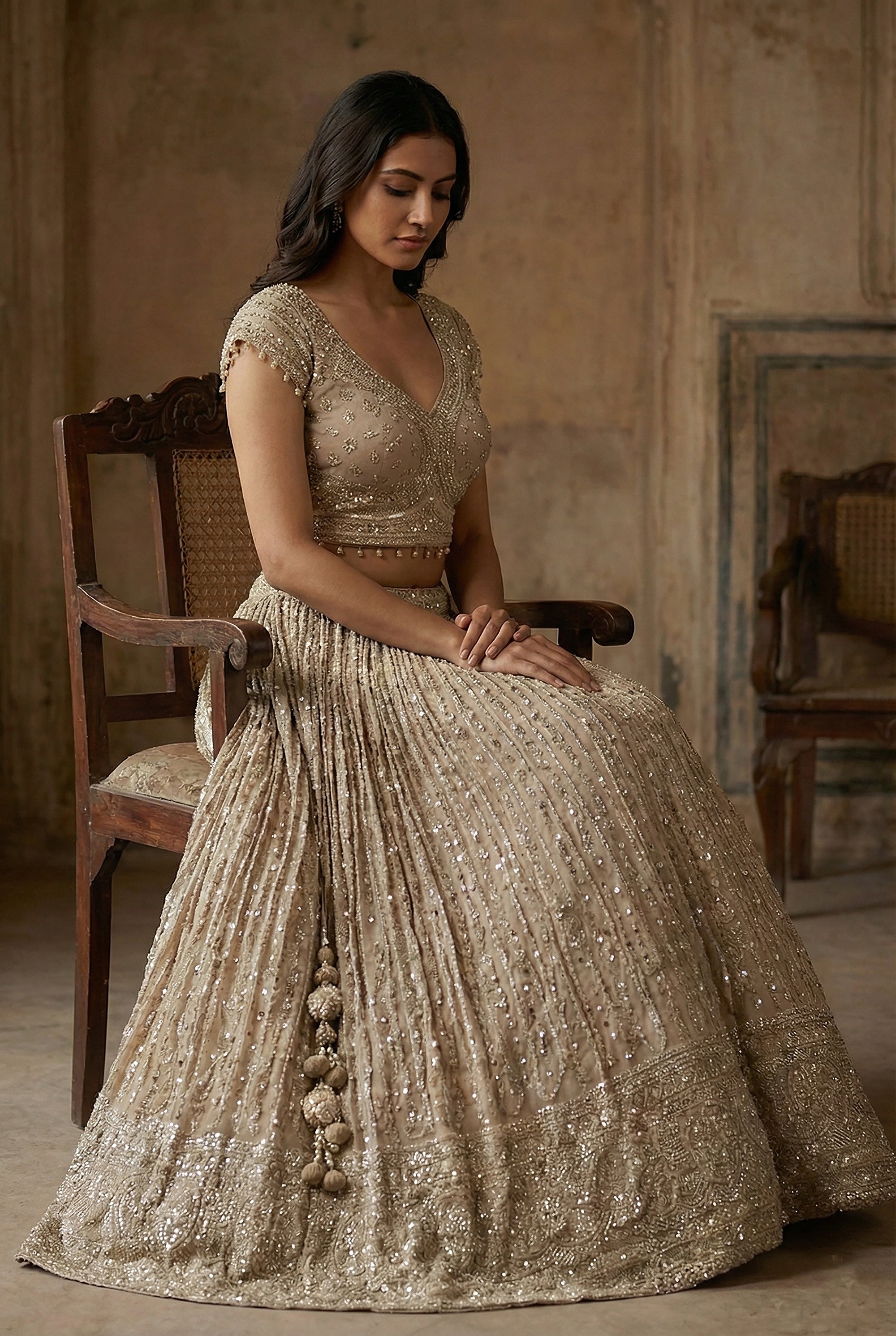 Soft Luxe Radiance – Champagne Designer Lehenga Choli with Mirror, and Hand Embroidery | Palkhi Fashion