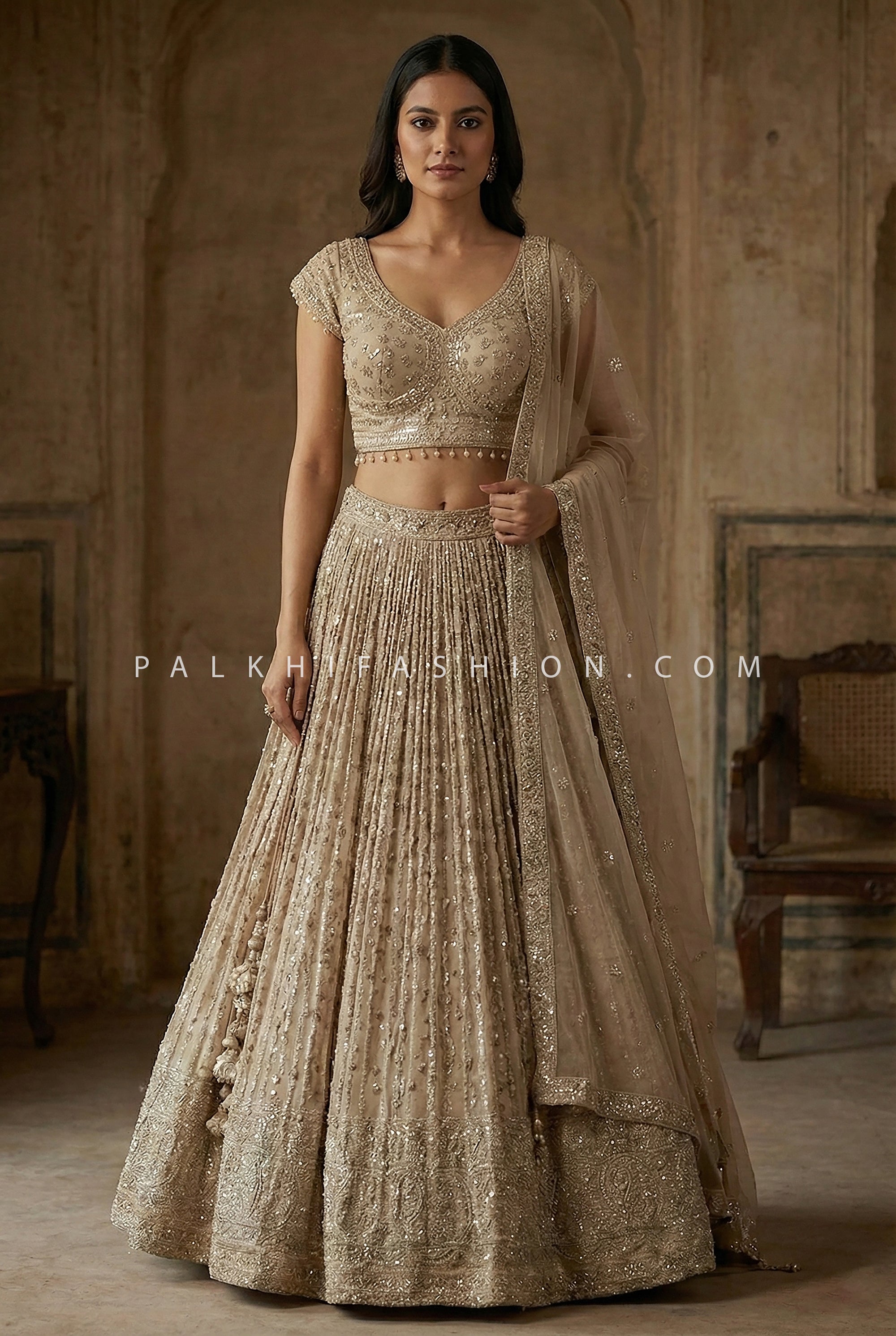 Soft Luxe Radiance – Champagne Designer Lehenga Choli with Mirror, and Hand Embroidery | Palkhi Fashion