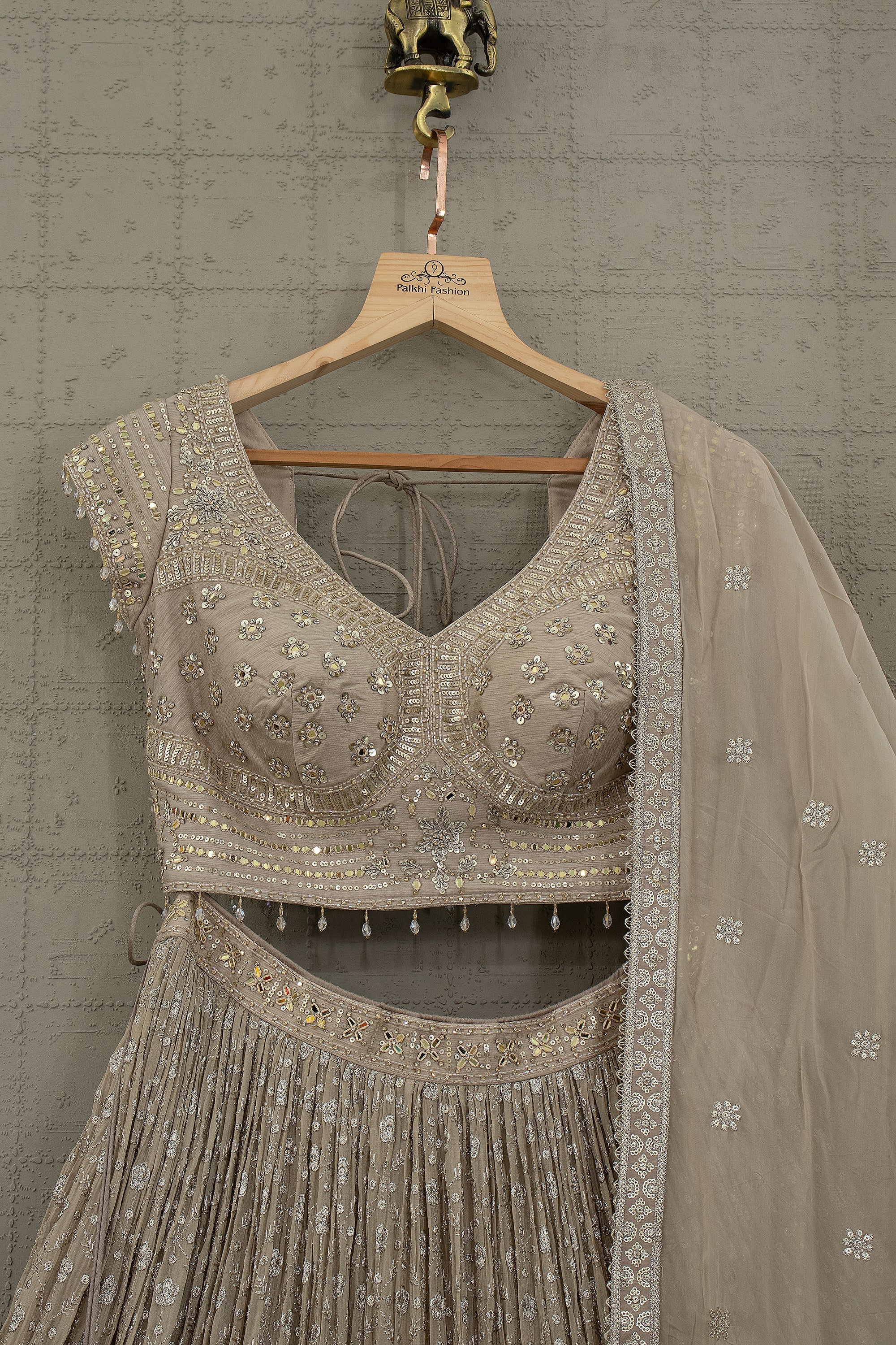 Soft Luxe Radiance – Champagne Designer Lehenga Choli with Mirror, and Hand Embroidery | Palkhi Fashion