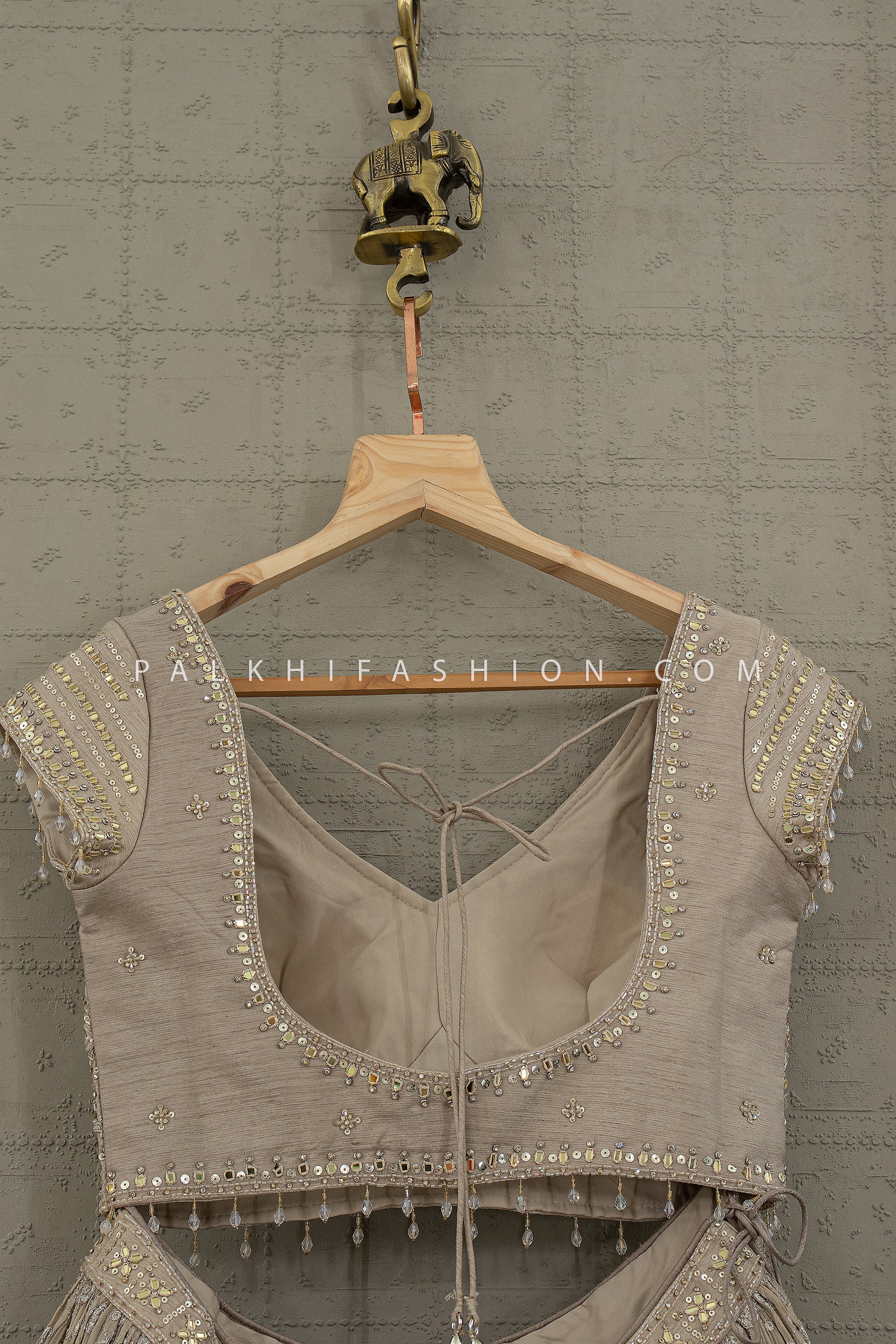 Soft Luxe Radiance – Champagne Designer Lehenga Choli with Mirror, and Hand Embroidery | Palkhi Fashion
