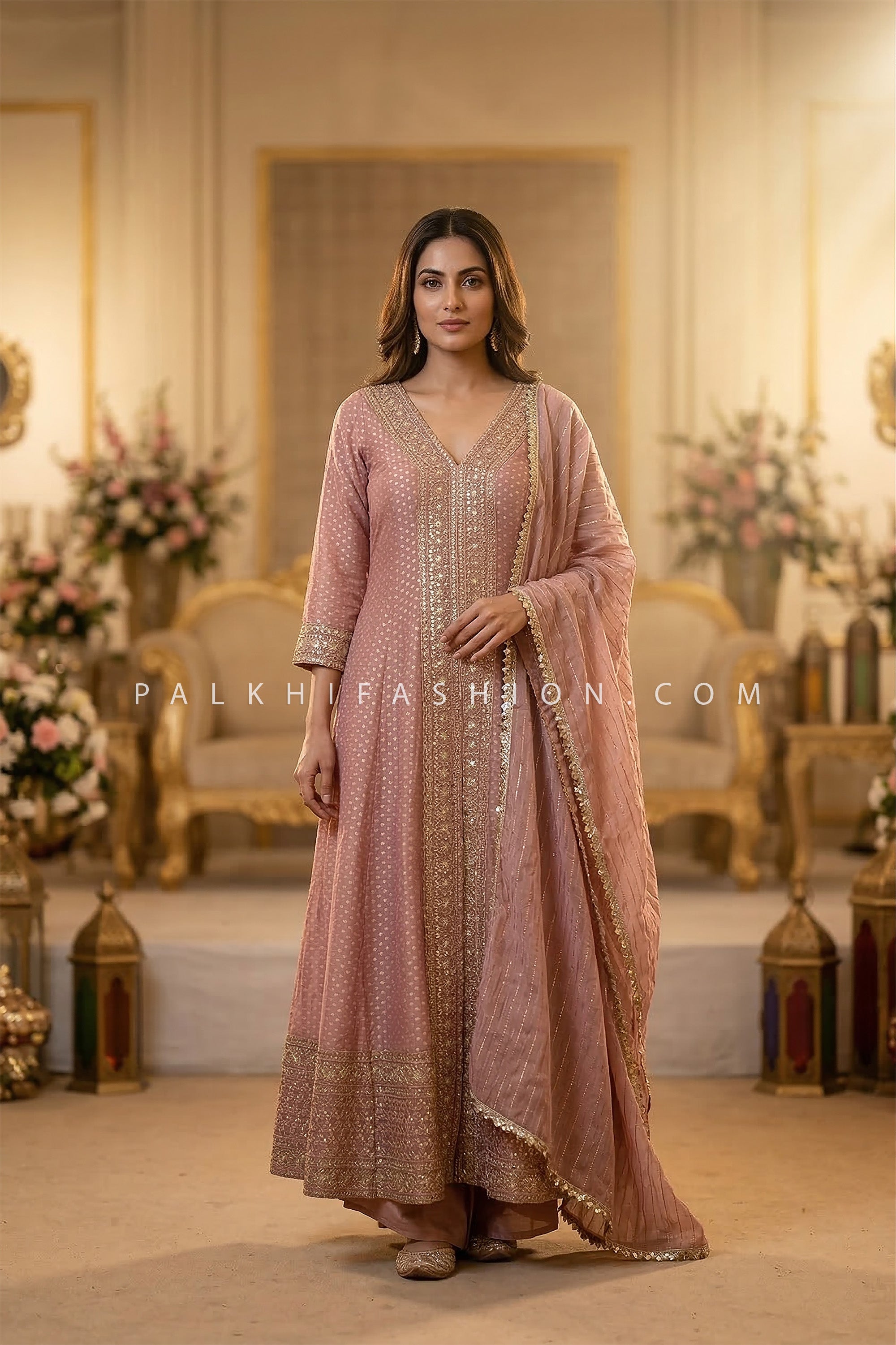 Soft Regal Glow – Dusty Rose Banarasi Embroideried Palazzo Suit – Palkhi Fashion